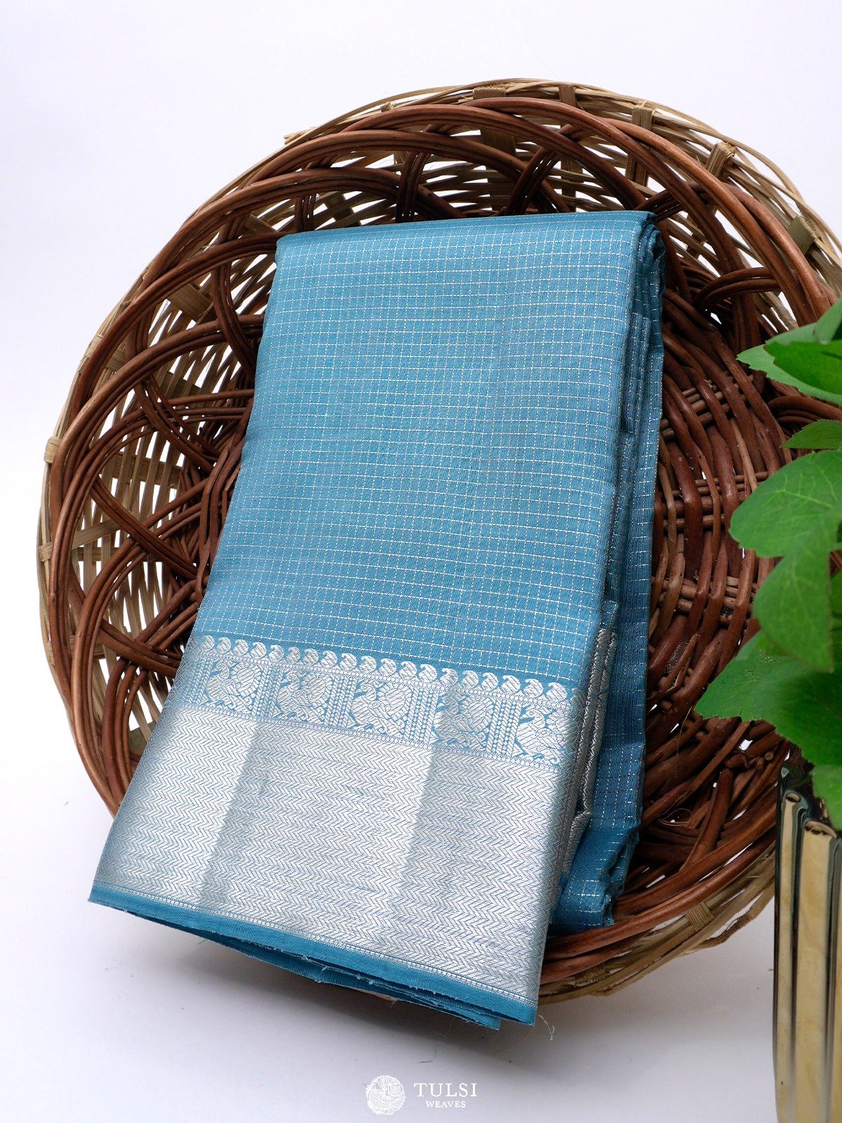 Cyan Blue Checked Kanjeevaram Silk Saree