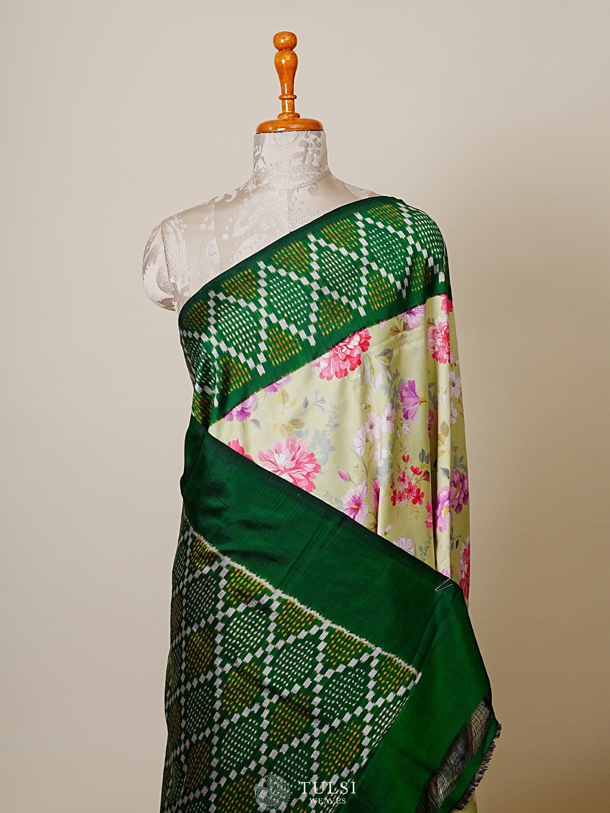 Light Green Printed Kanjeevaram Silk Saree with Ikat Border