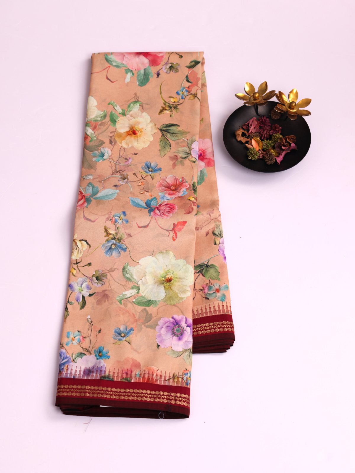 Light Peach Brown Printed Kanjeevaram Silk Saree With Maroon Border