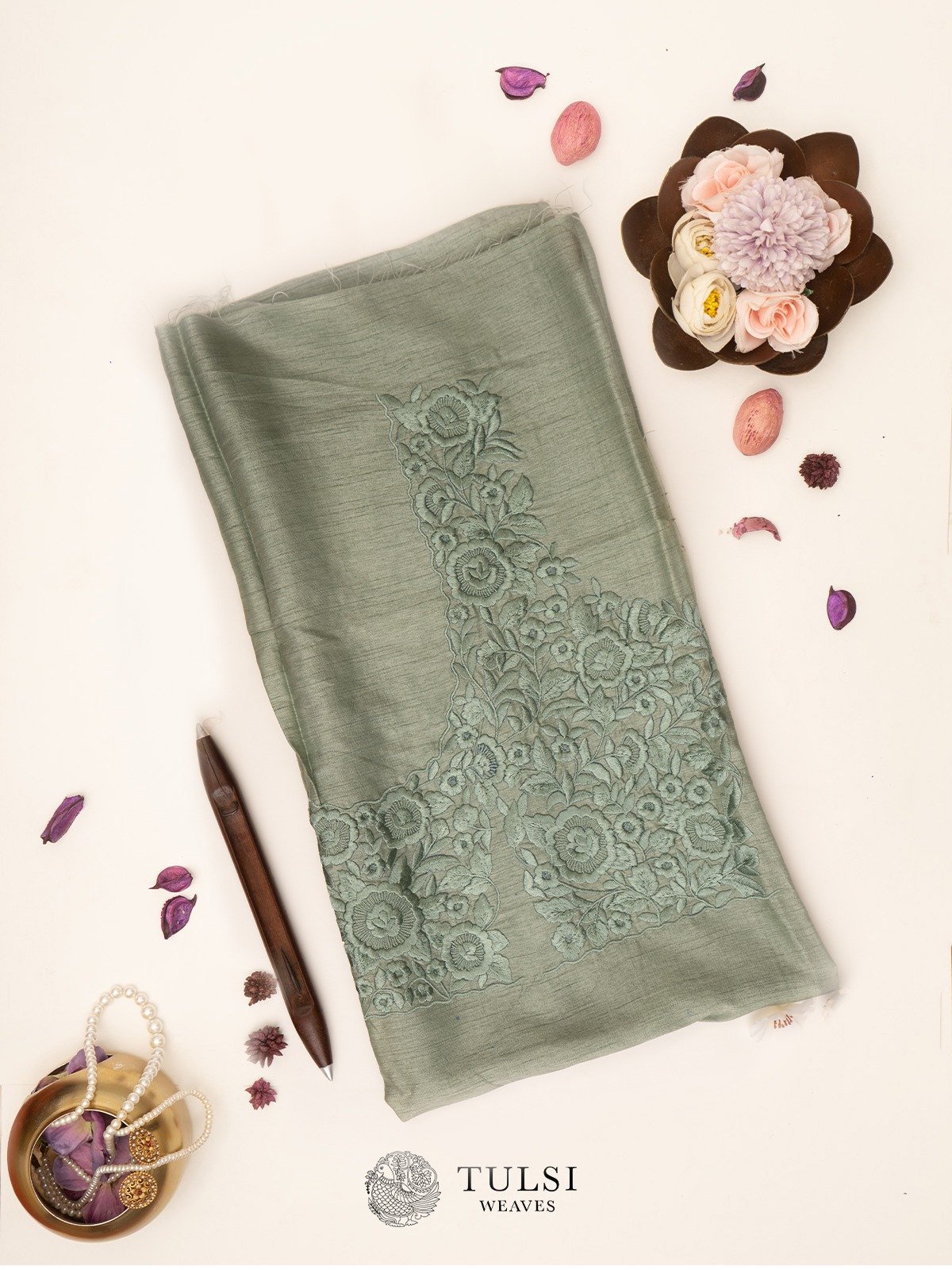 Sage Green Tussar Silk Blouse with Parsi Embroidery