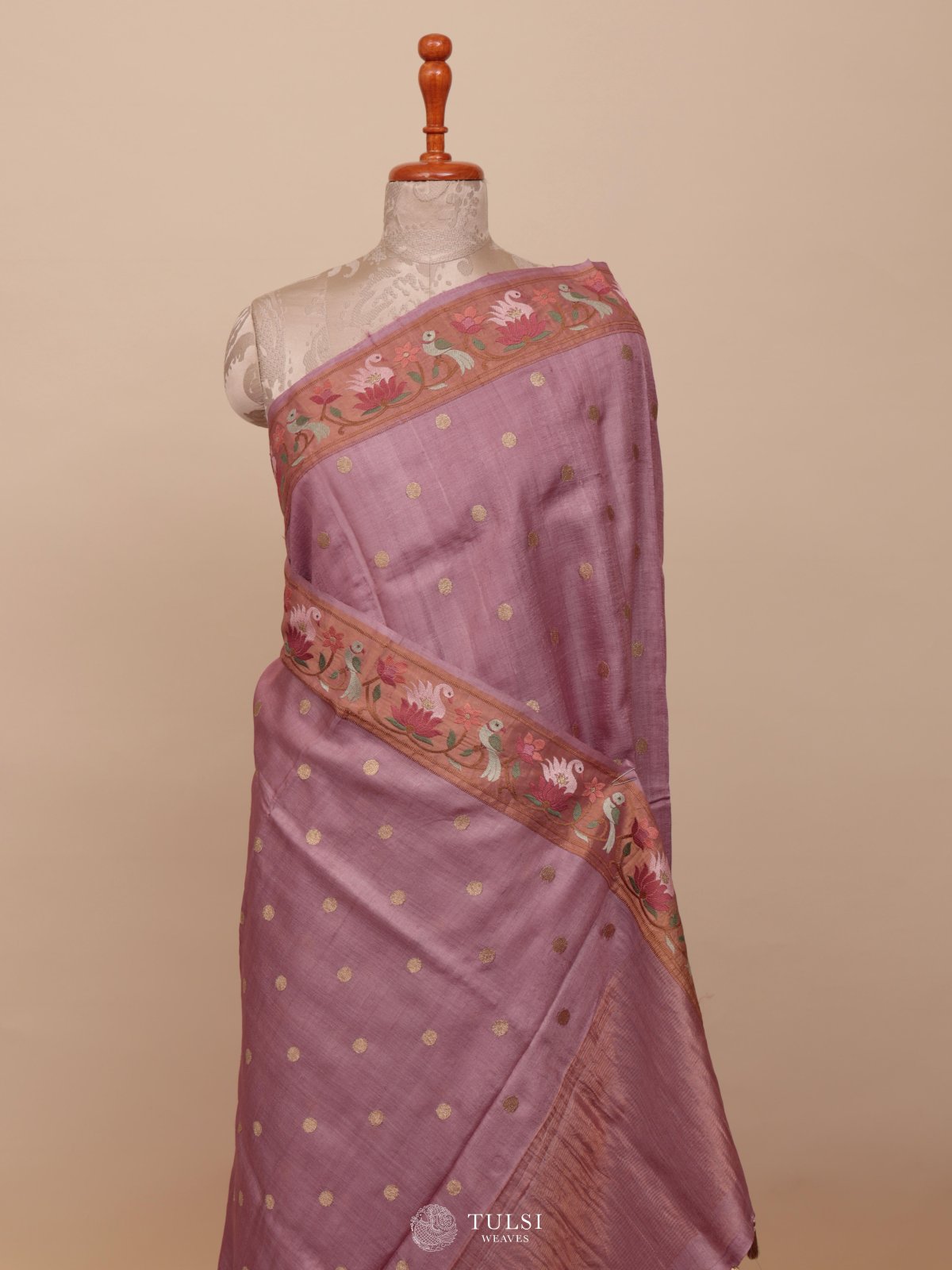 Dusty Lilac Tussar Silk Saree With Floral Embroidery Border