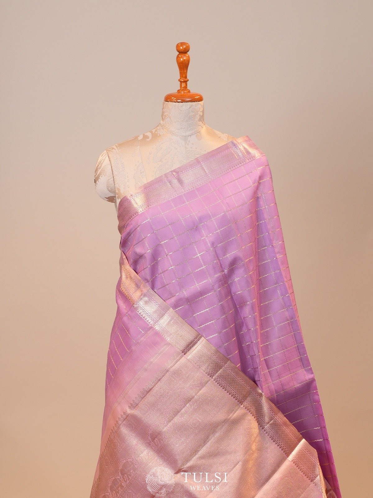 Lilac Checked Kanjeevaram Silk Saree