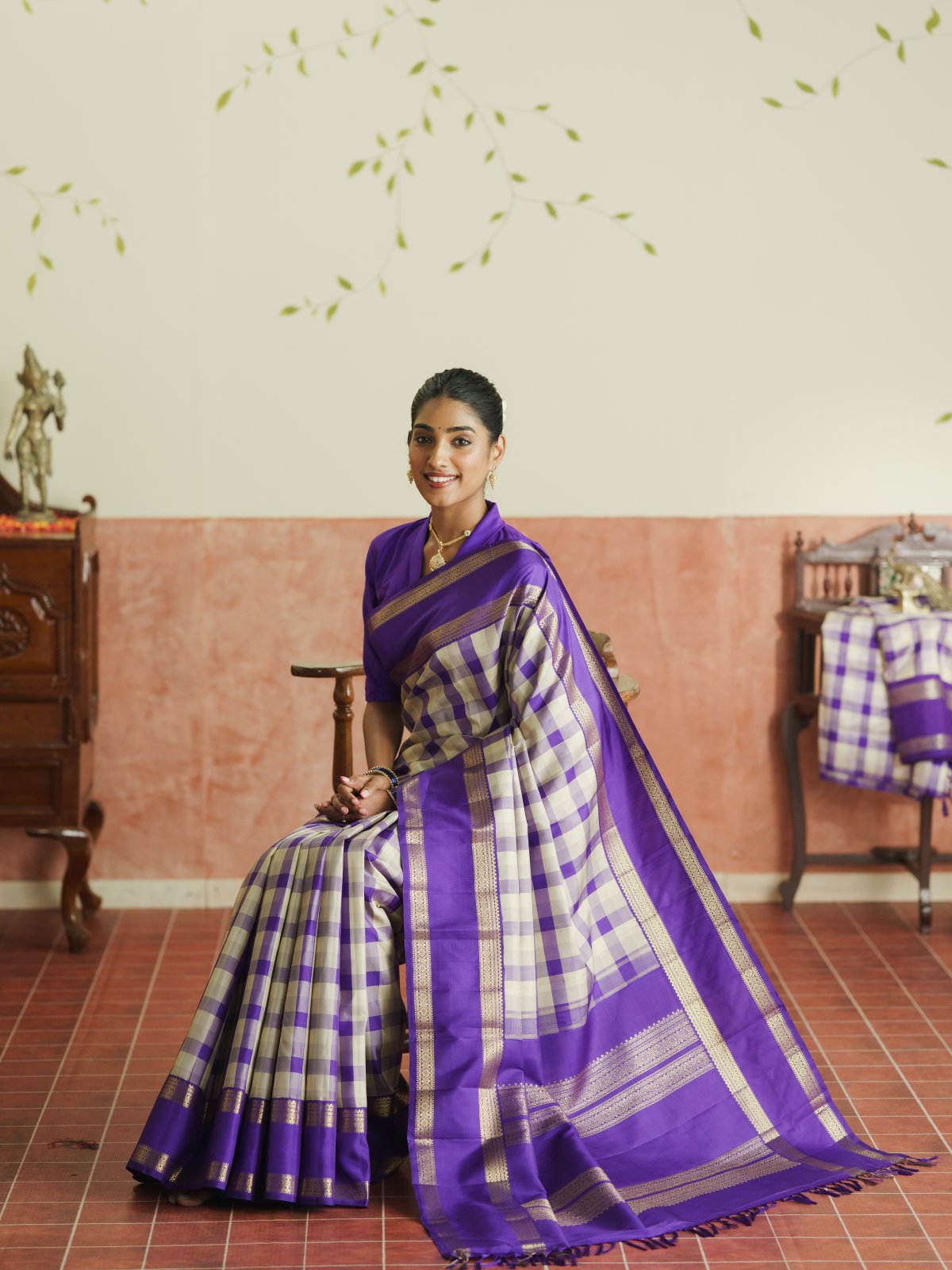 Vintage 85 - Tri Color Checked Kanjeevaram Silk Saree With Violet Border