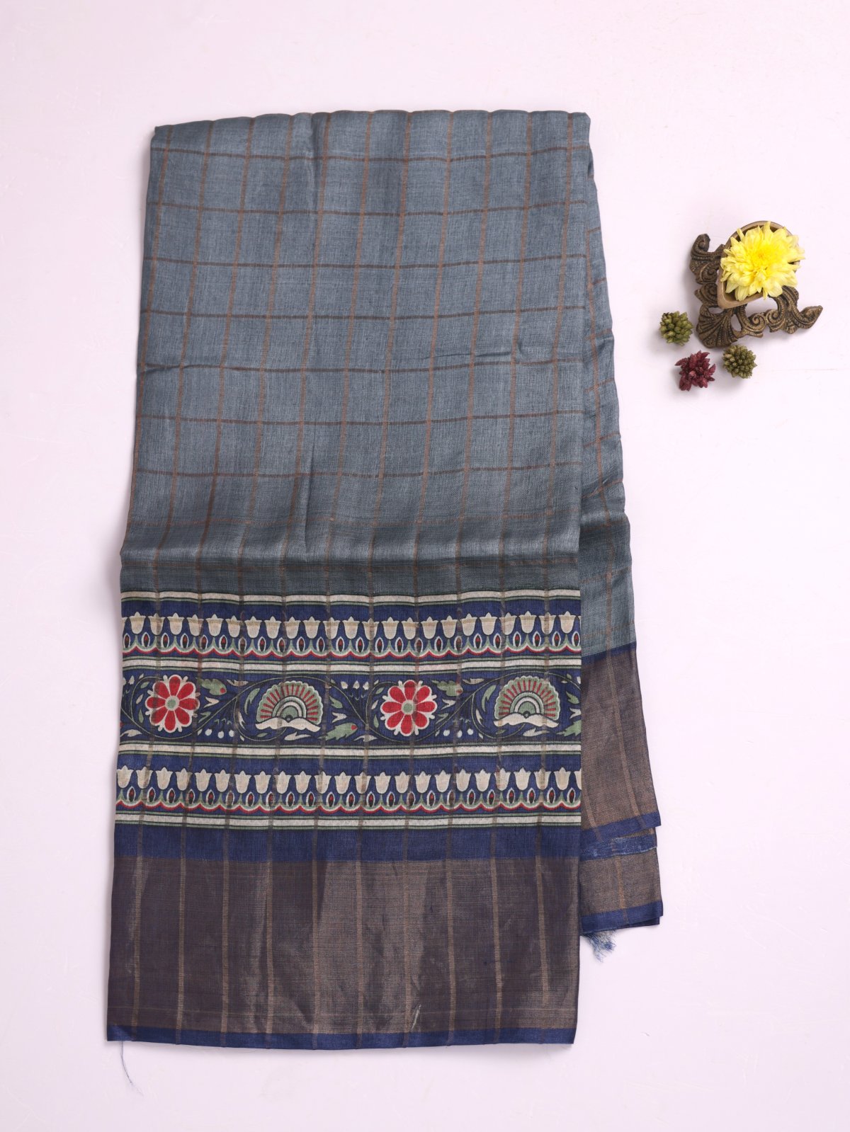 Bluish Grey Zari Checked Tussar Silk Saree With Blue Printed Border
