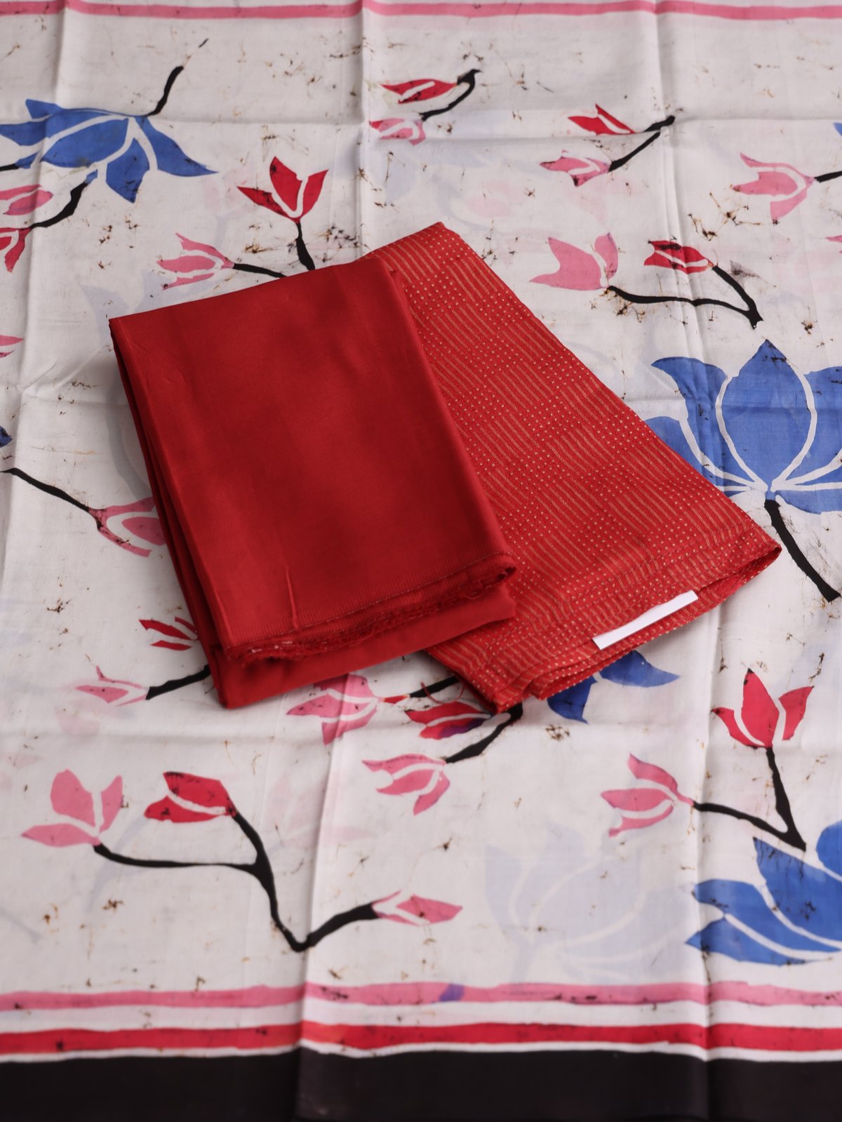 Red Tussar Salwar Material With Batik Printed Dupatta