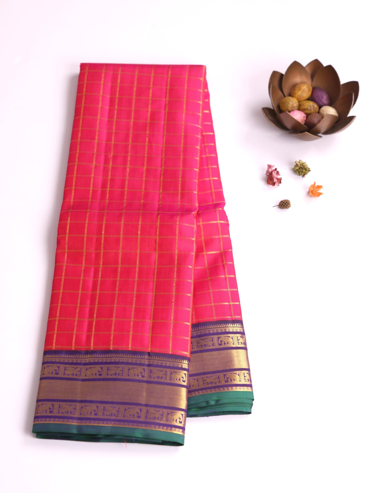Orangish Pink Zari Checked Kanjeevaram Silk Saree with Violet Zari Border
