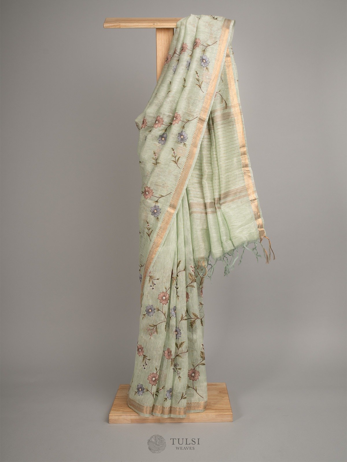 Light Green Linen Silk Saree With Floral Embroidery