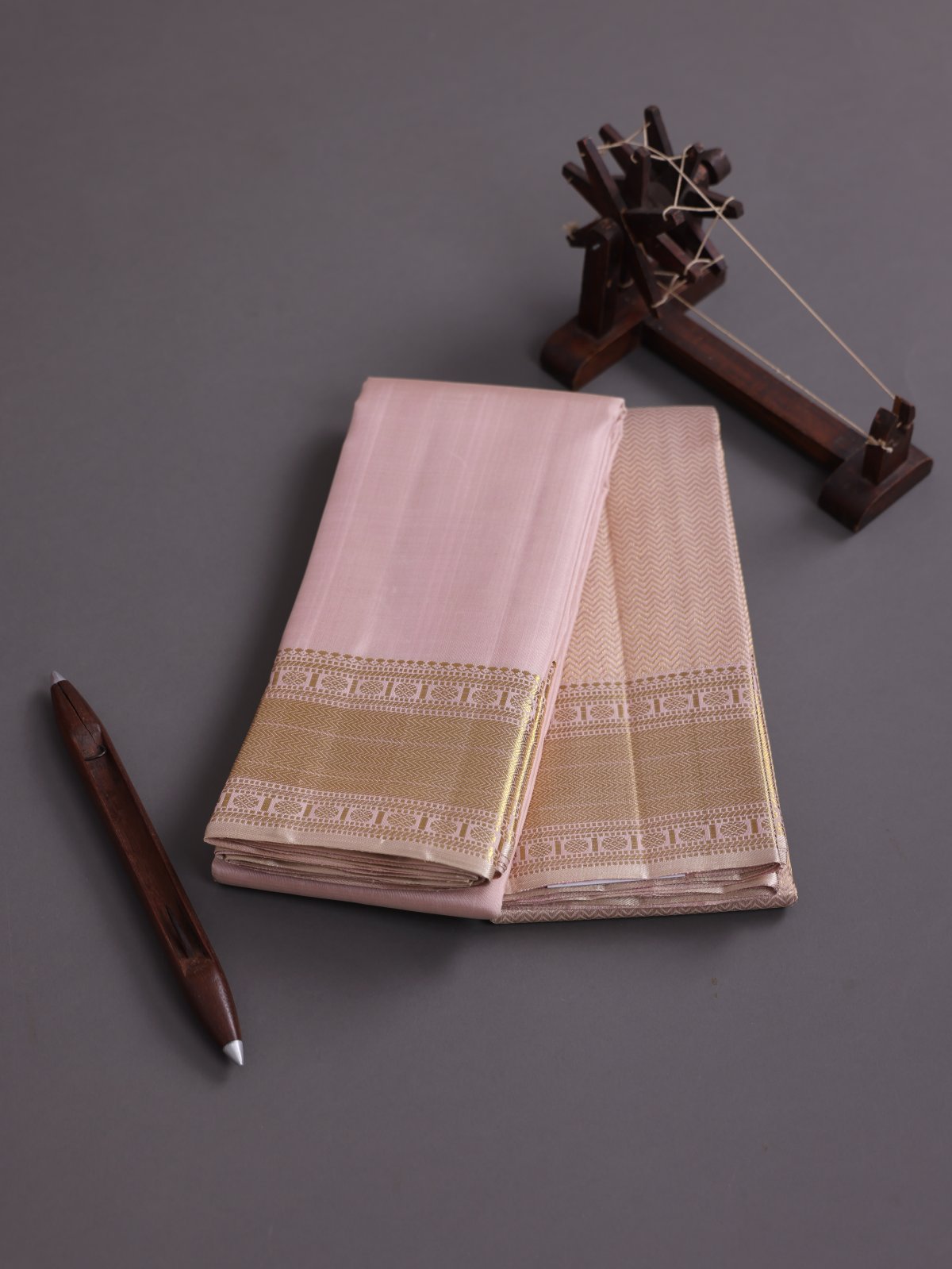 Rose Gold Silk Dhoti And Zari Brocade Vasthram with Zari Border
