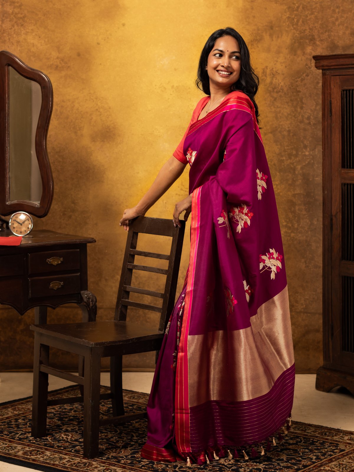 Purple Mashru Silk saree with Striped border