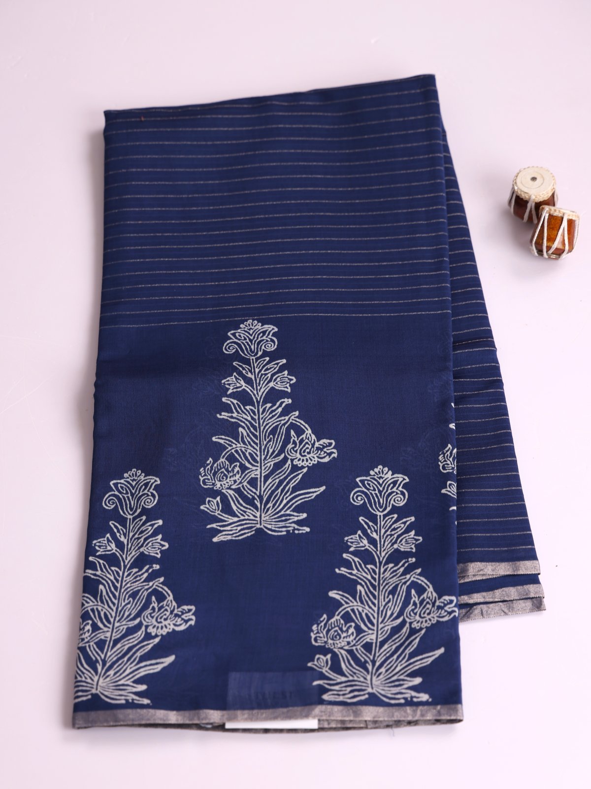 Indigo Zari Striped Chanderi Cotton Saree With Printed Border