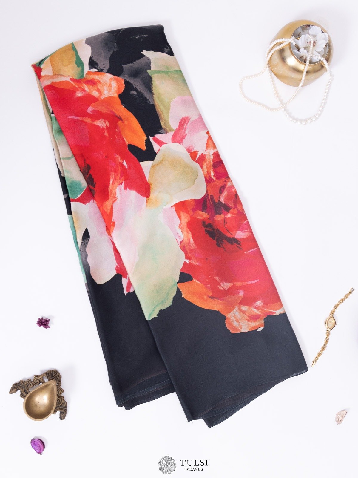 Black Satin Crepe Silk Saree With Floral Prints