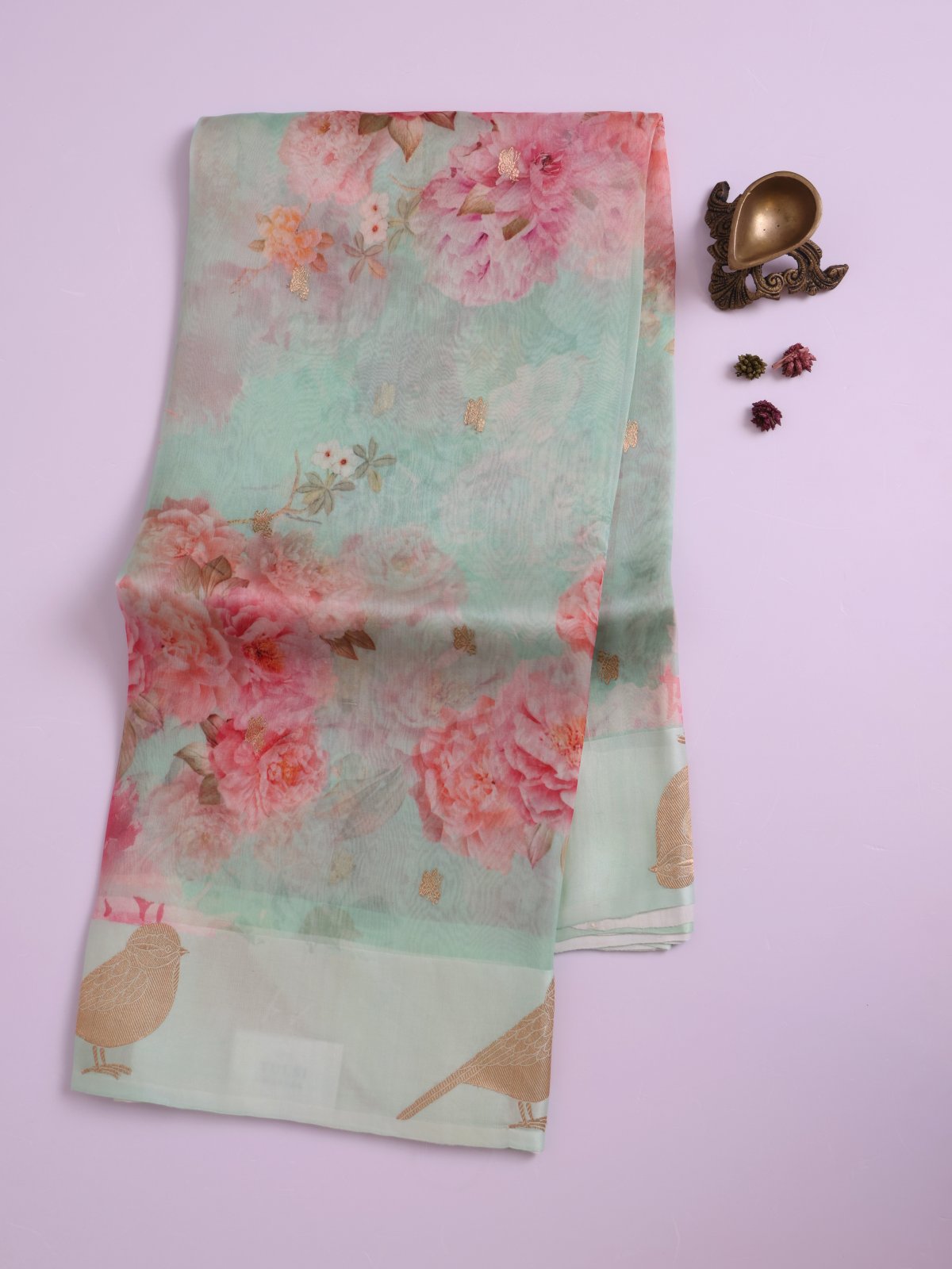 Pastel Mint Green Printed Organza Silk Saree with Self Satin Border