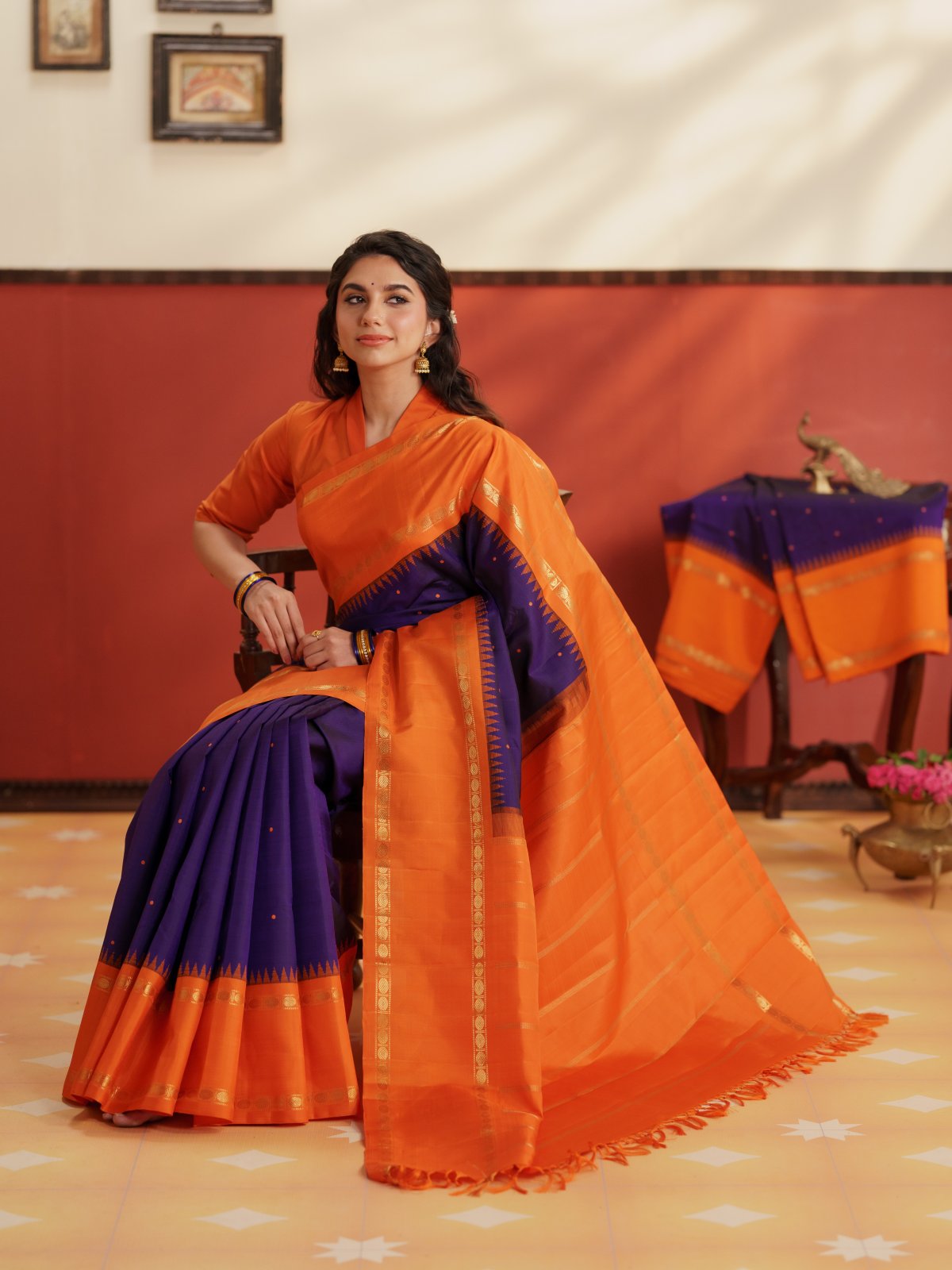 Vintage 23 - Dark Purple Kanjeevaram Silk Saree With Orange Border