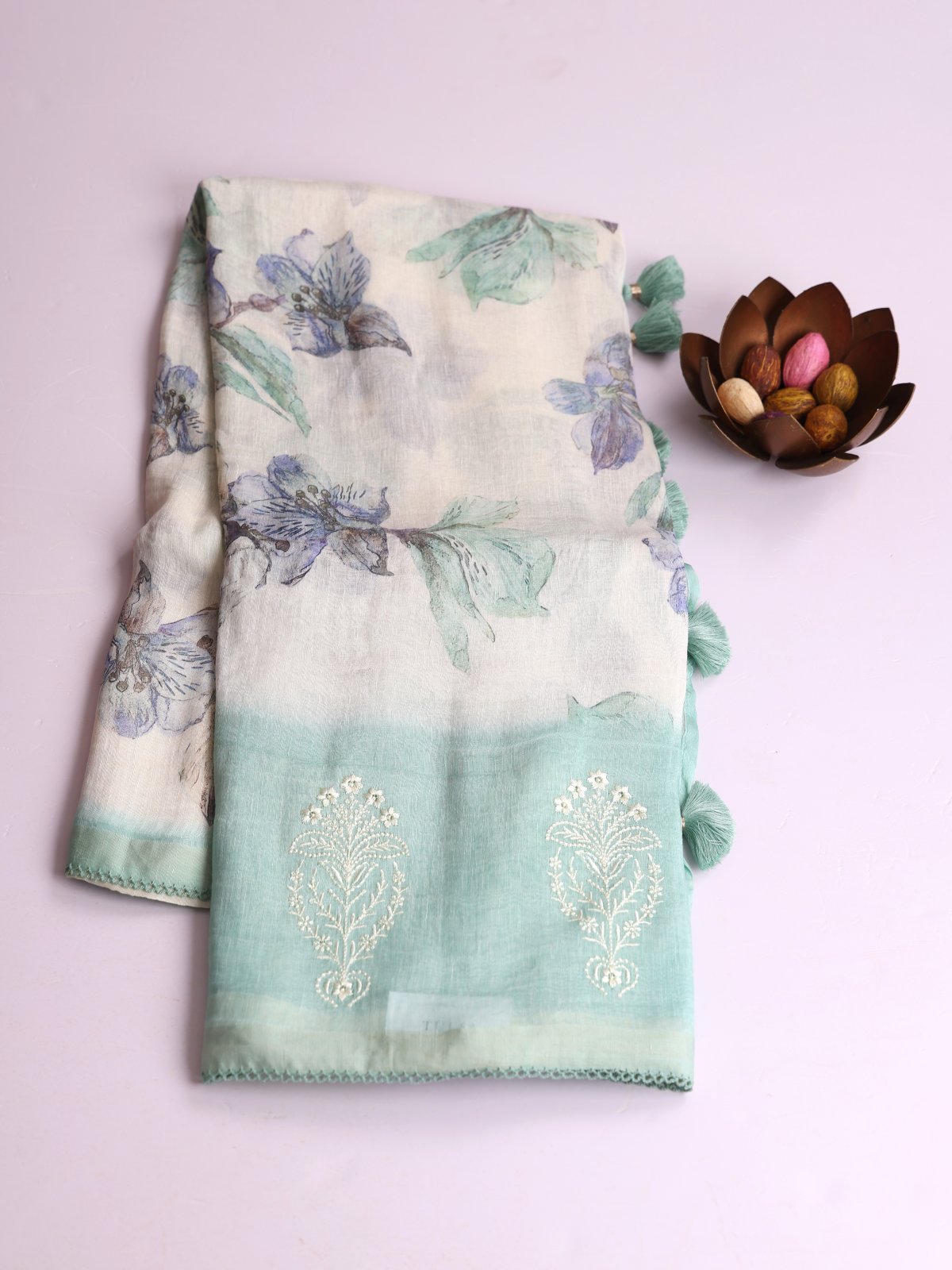 Off- White Printed Linen Saree with Bluish Green Embroidered Border