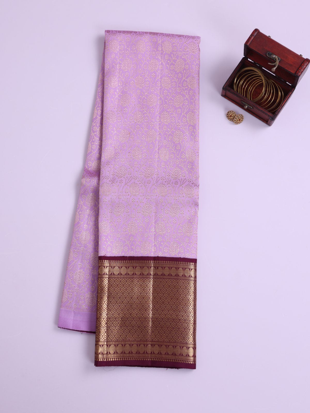 Lavender Kanjeevaram Silk Pavadai With Brown Border