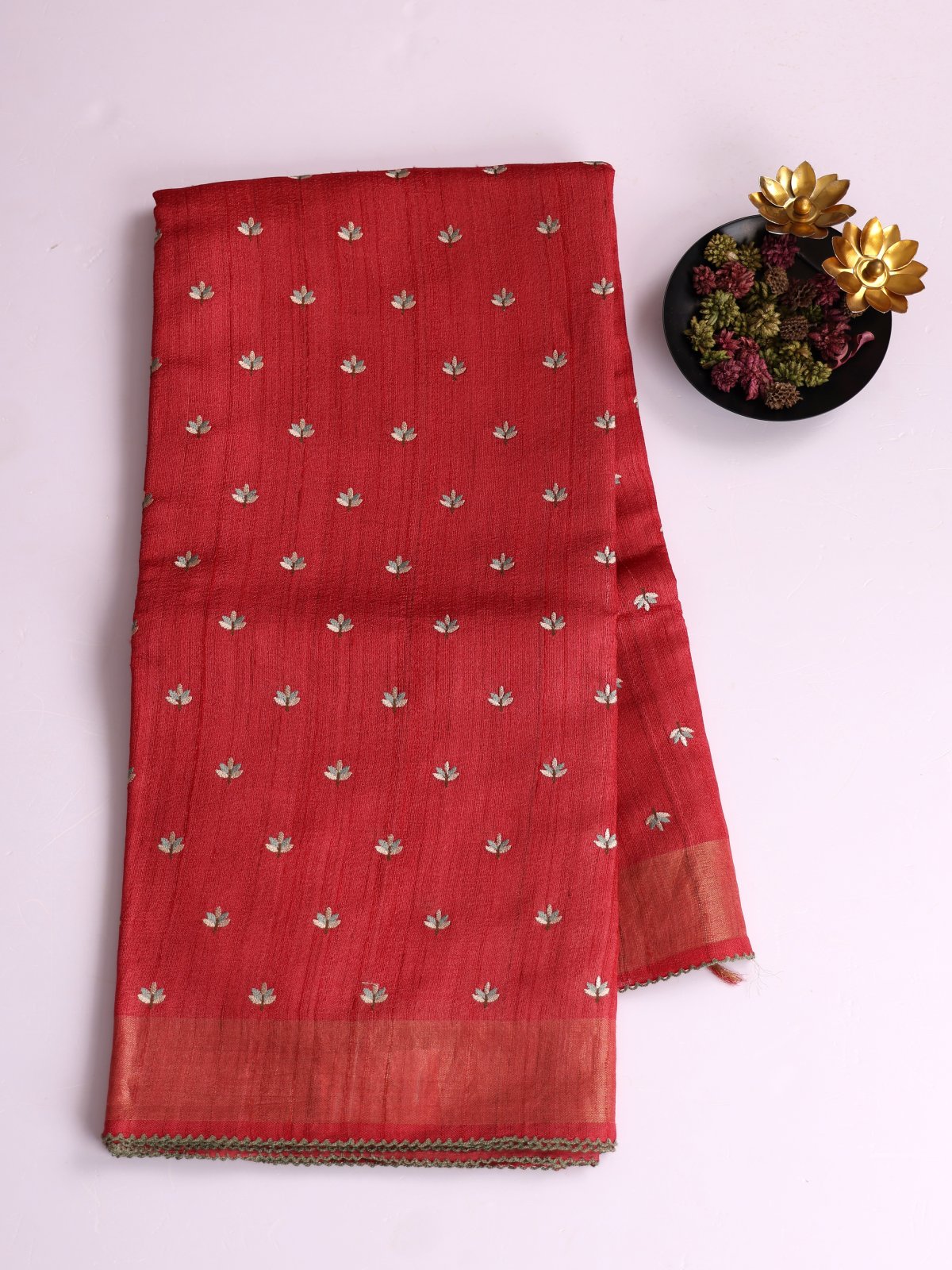 Red Embroidered Tussar Silk Saree