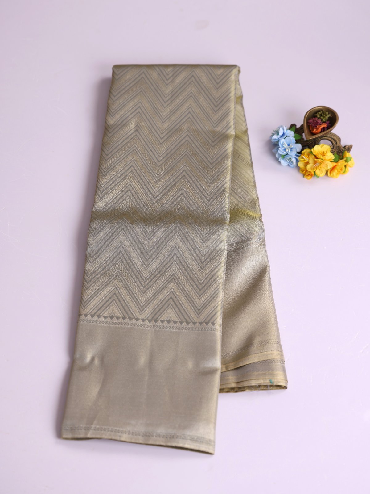 Light Grey Tissue Brocade Kanjeevaram Silk Saree