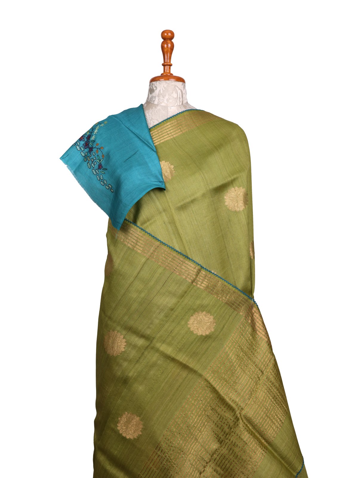 Mehndi Green Tussar Silk Saree With Kantha Embroidery