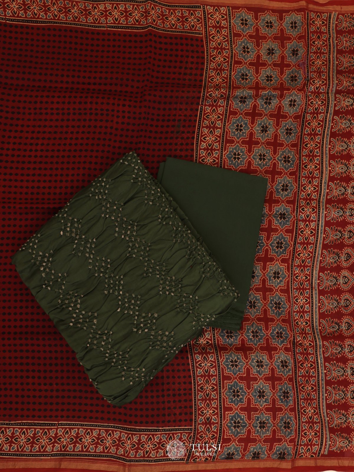 Moss Green Bandhini Salwar Material With Ajrakh Dupatta