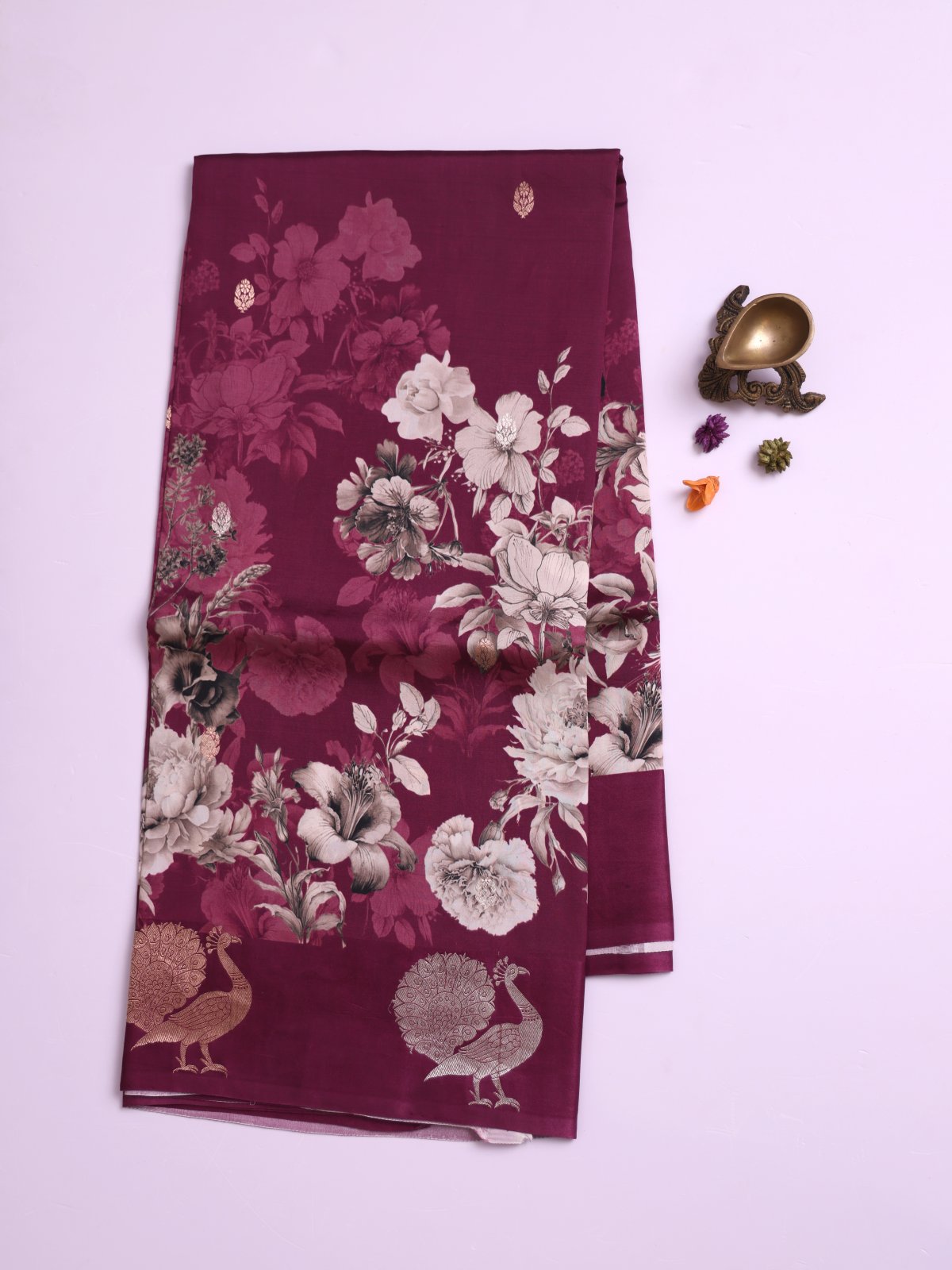 Burgundy Printed Mashru Silk Saree with Self Satin Border