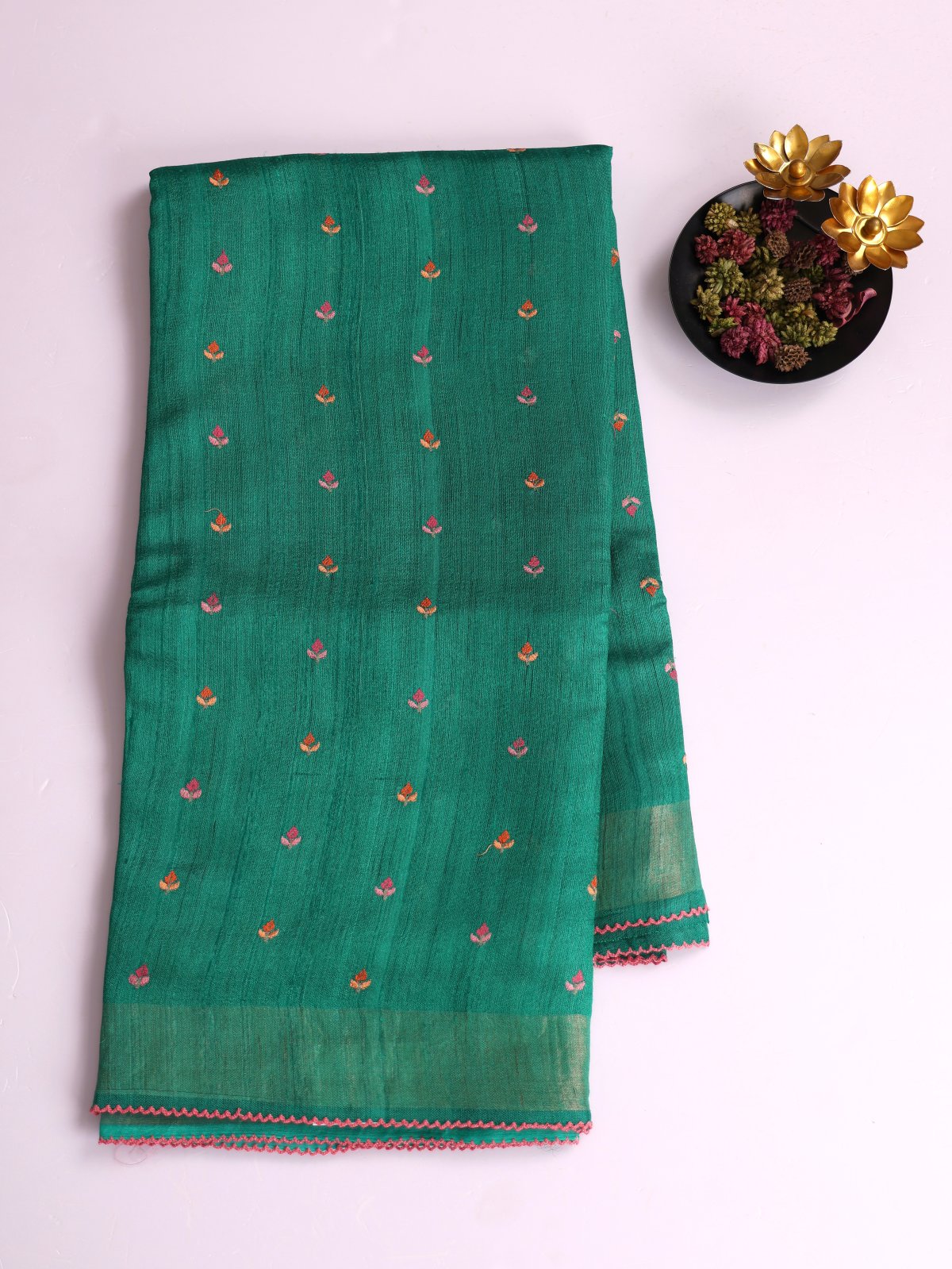 Teal Green Embroidered Tussar Silk Saree
