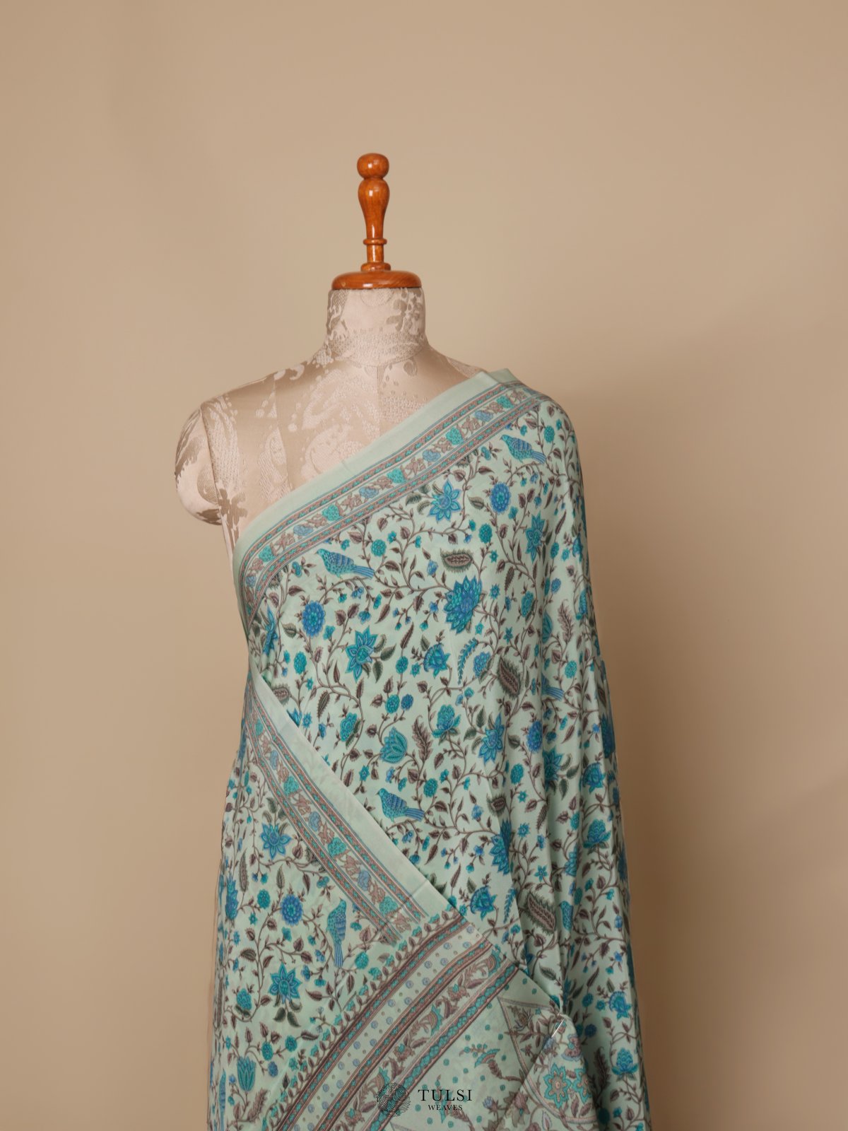 Light Blue Floral Printed Crepe Silk Saree