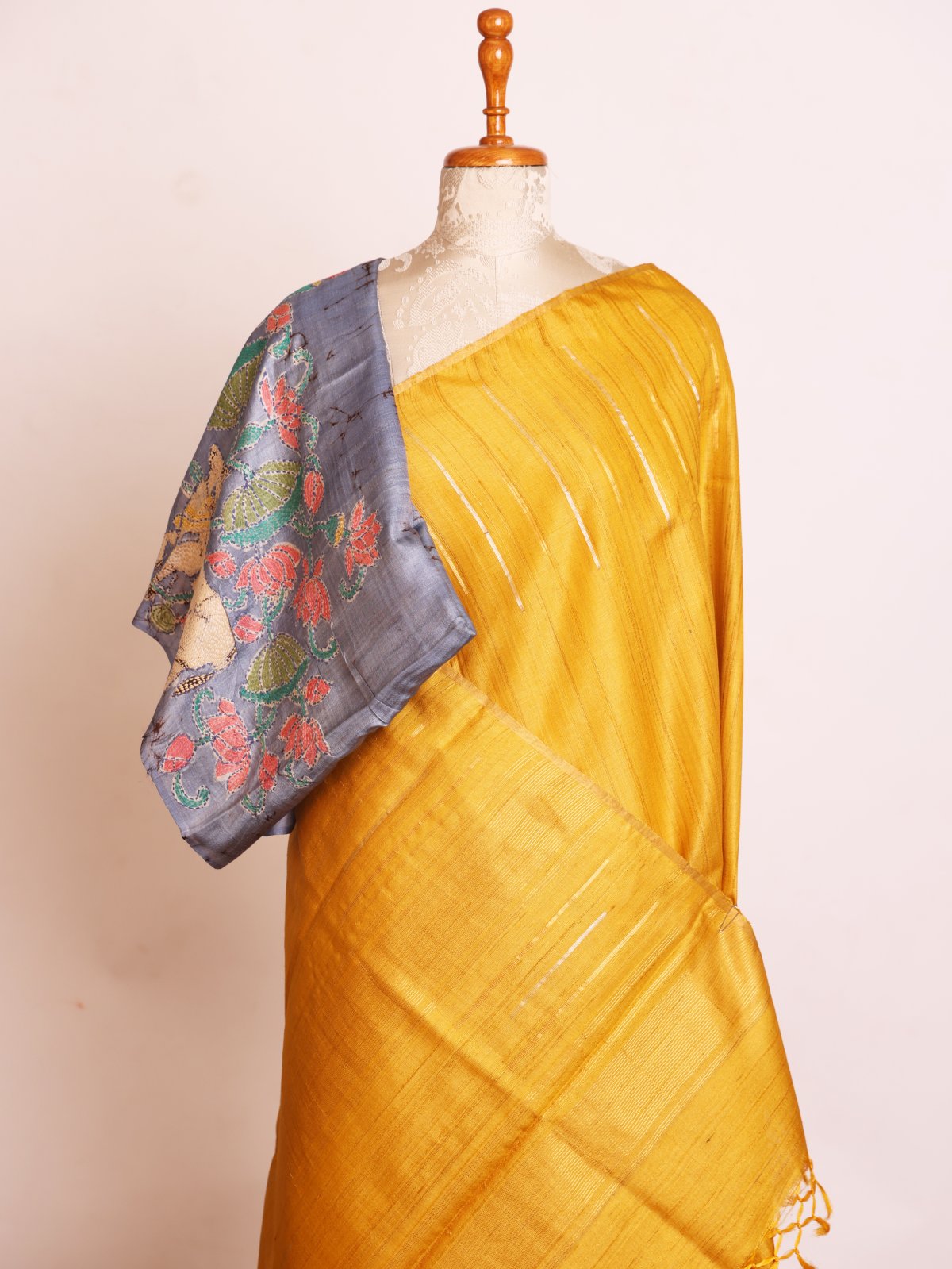 Mustard Yellow Tussar Silk Saree With Embroidered Blouse