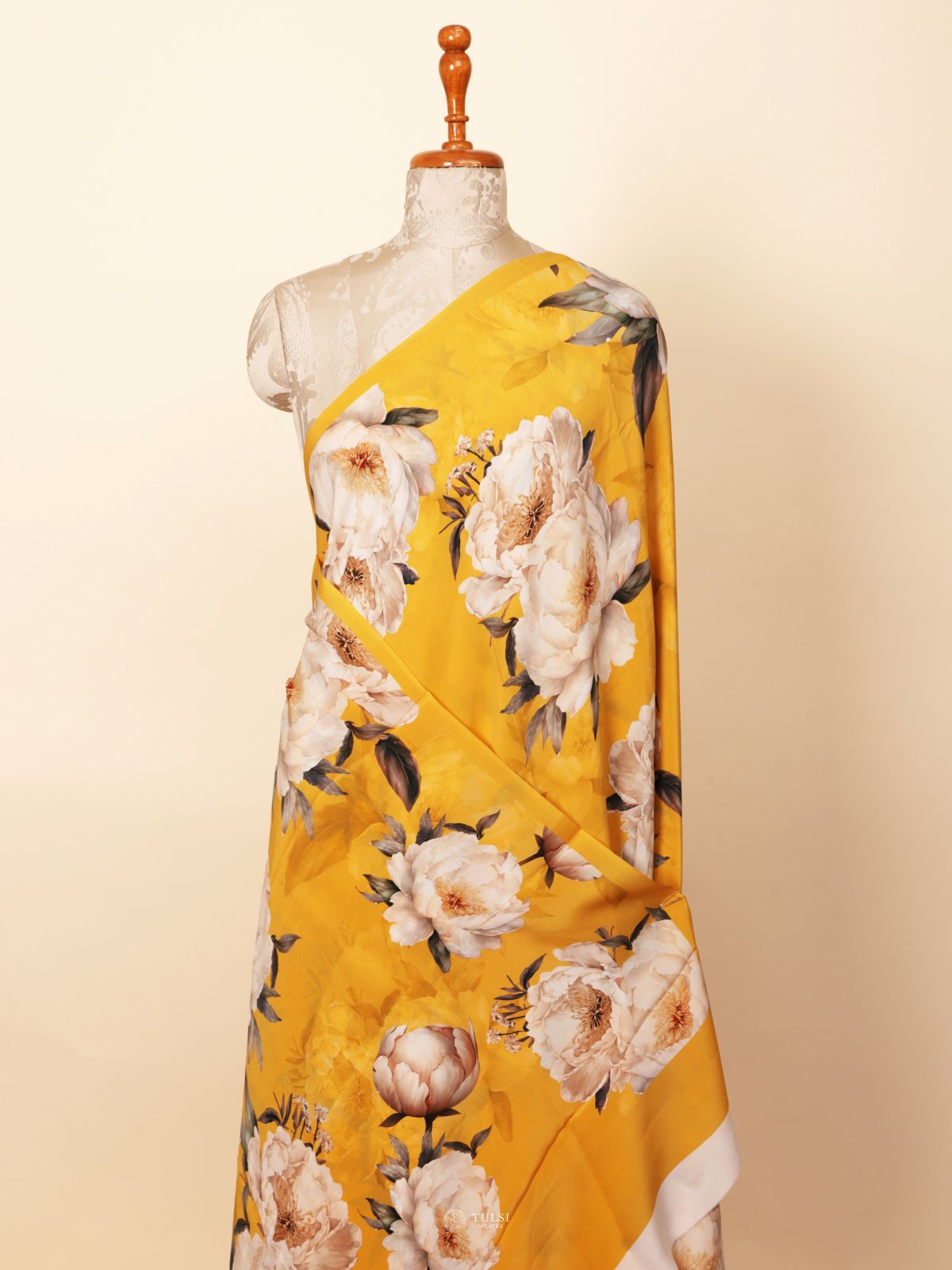 Yellow Floral Printed Crepe Silk Saree