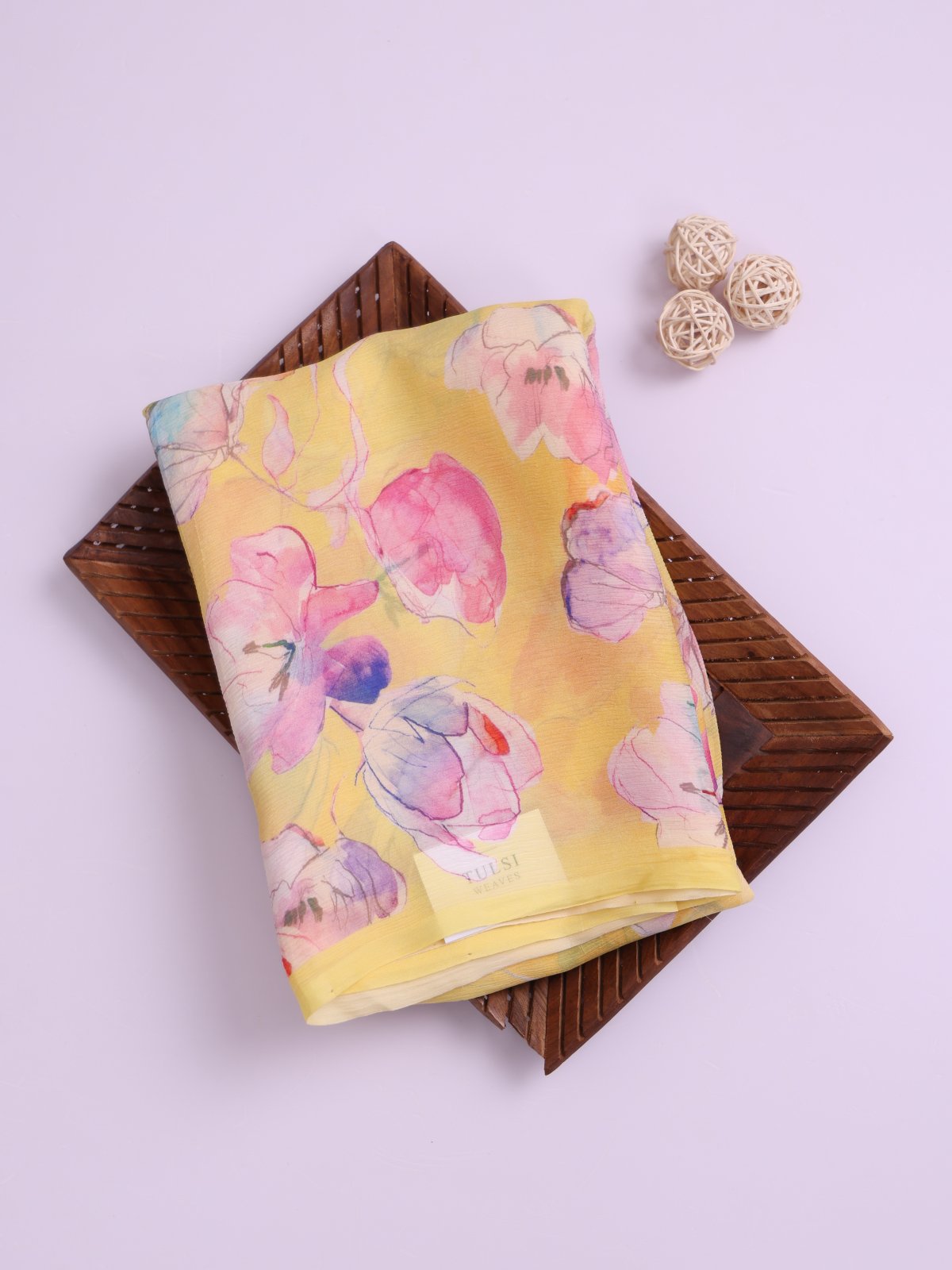 Yellow  Floral Printed Chiffon Saree 