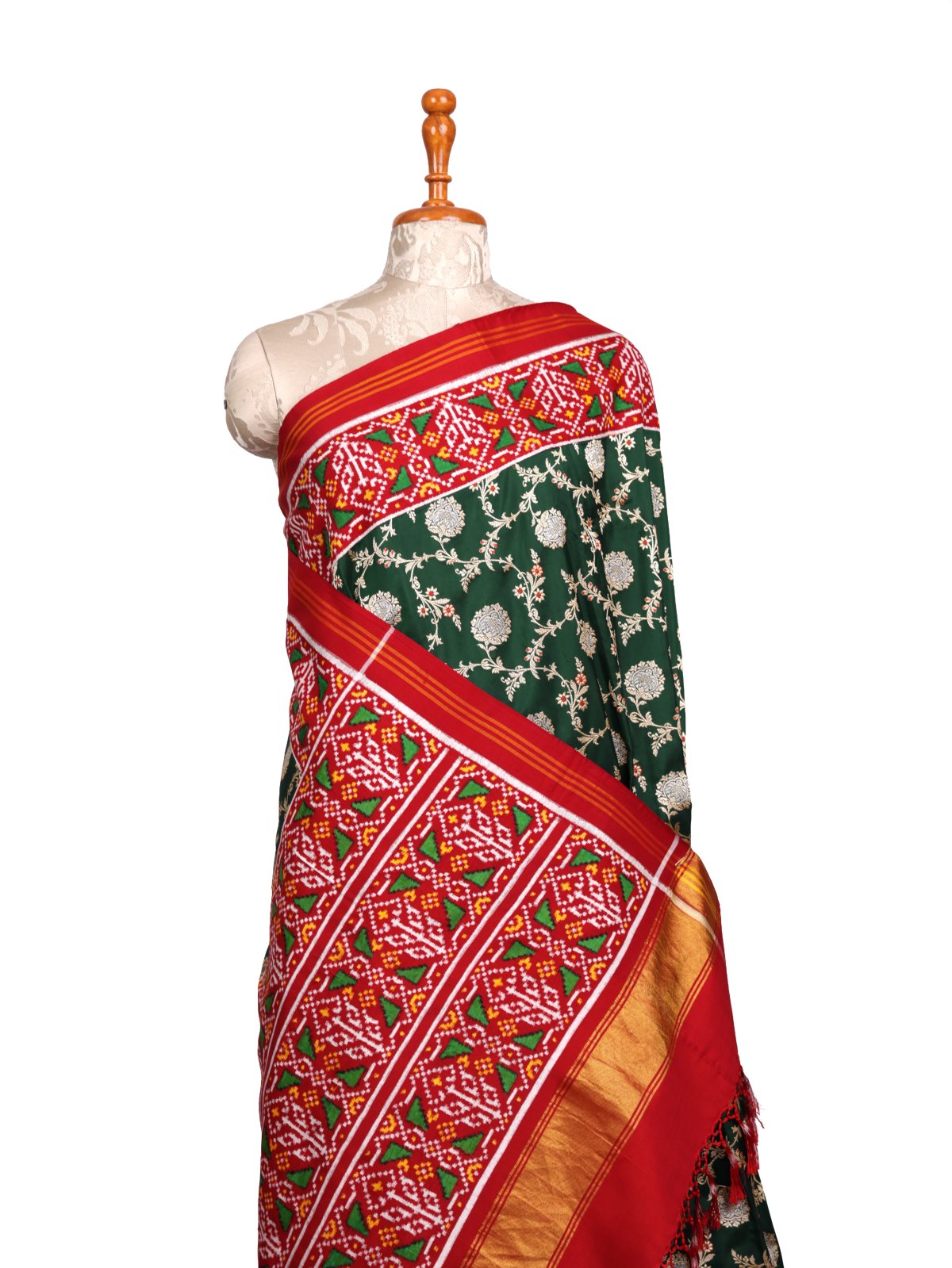 Bottle Green Banarasi Silk Saree With Red Patan Patola Border