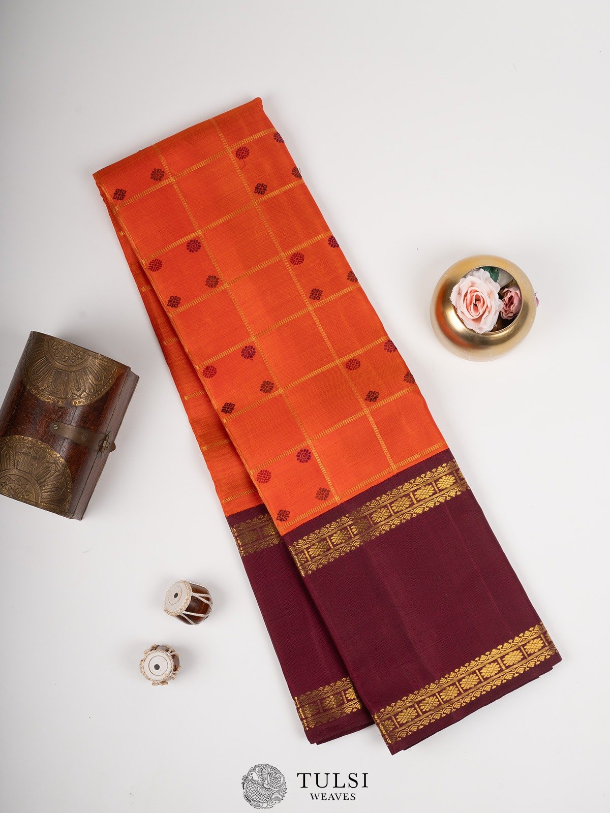 Dark Orange Kanjeevaram Silk Saree with Burgundy Border 