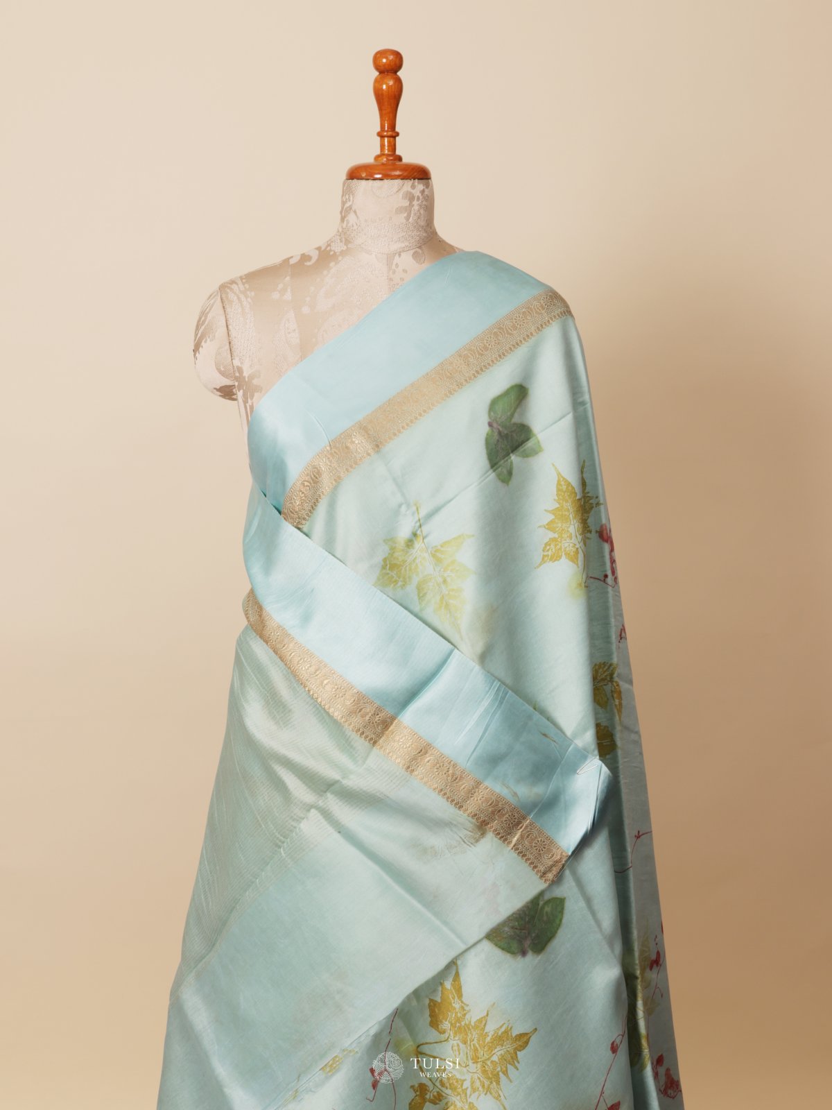 Light Blue Eco Print Silk Saree With Satin Border