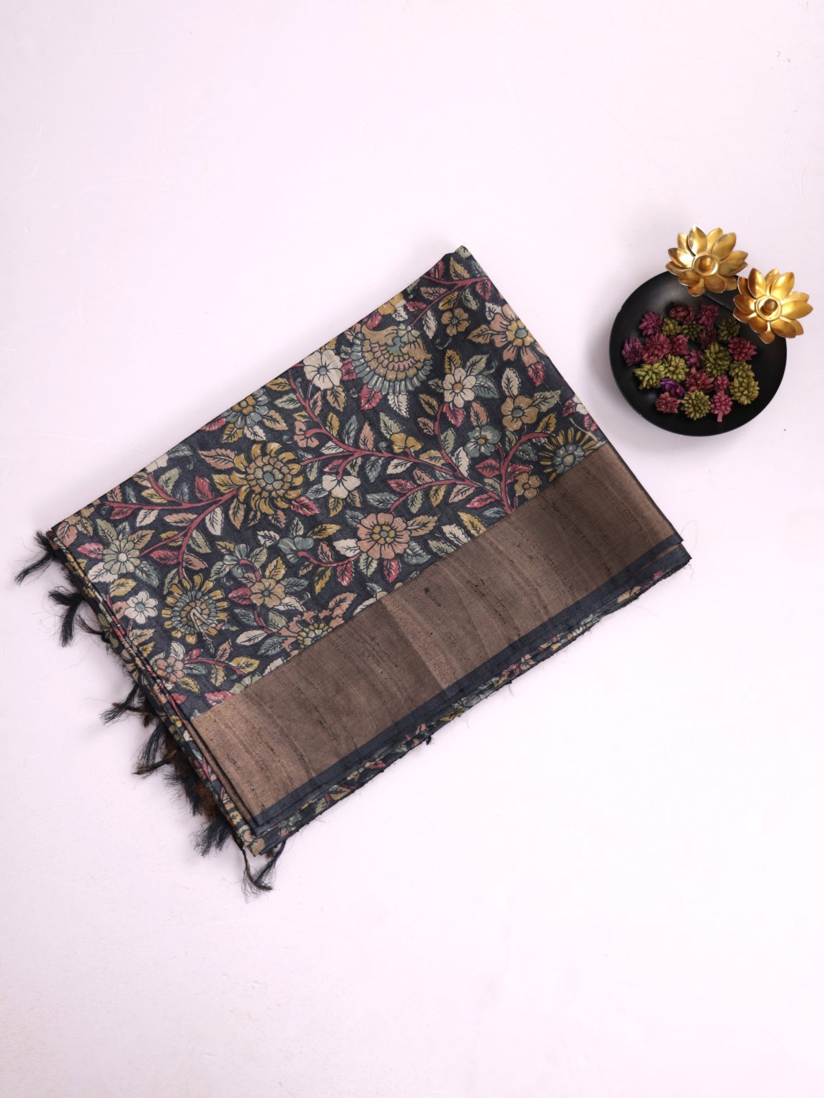 Black Printed Tussar Silk Saree With Zari Border