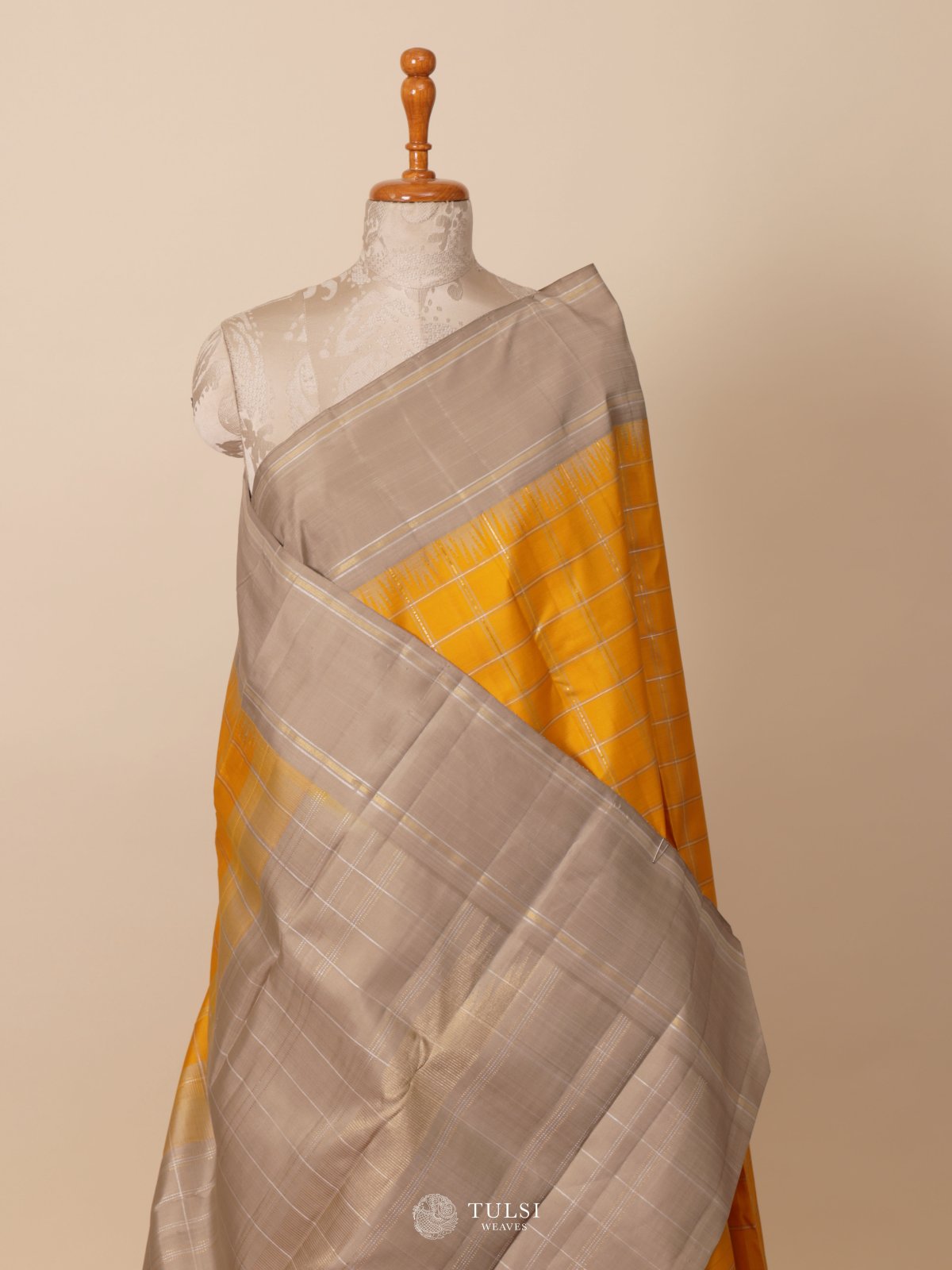 Yellow Checked Kanjeevaram Silk Saree