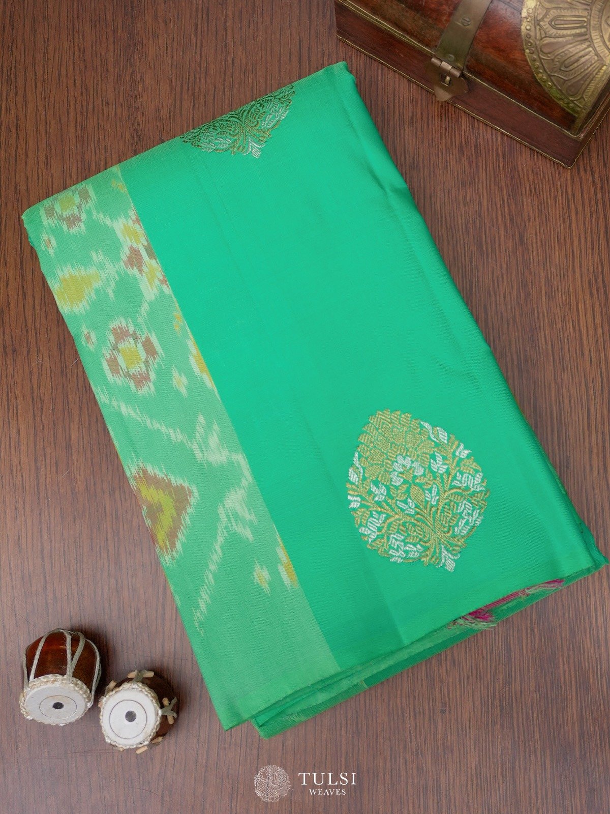 Teal Green Kanjeevaram Silk Saree with Ikat Pattern