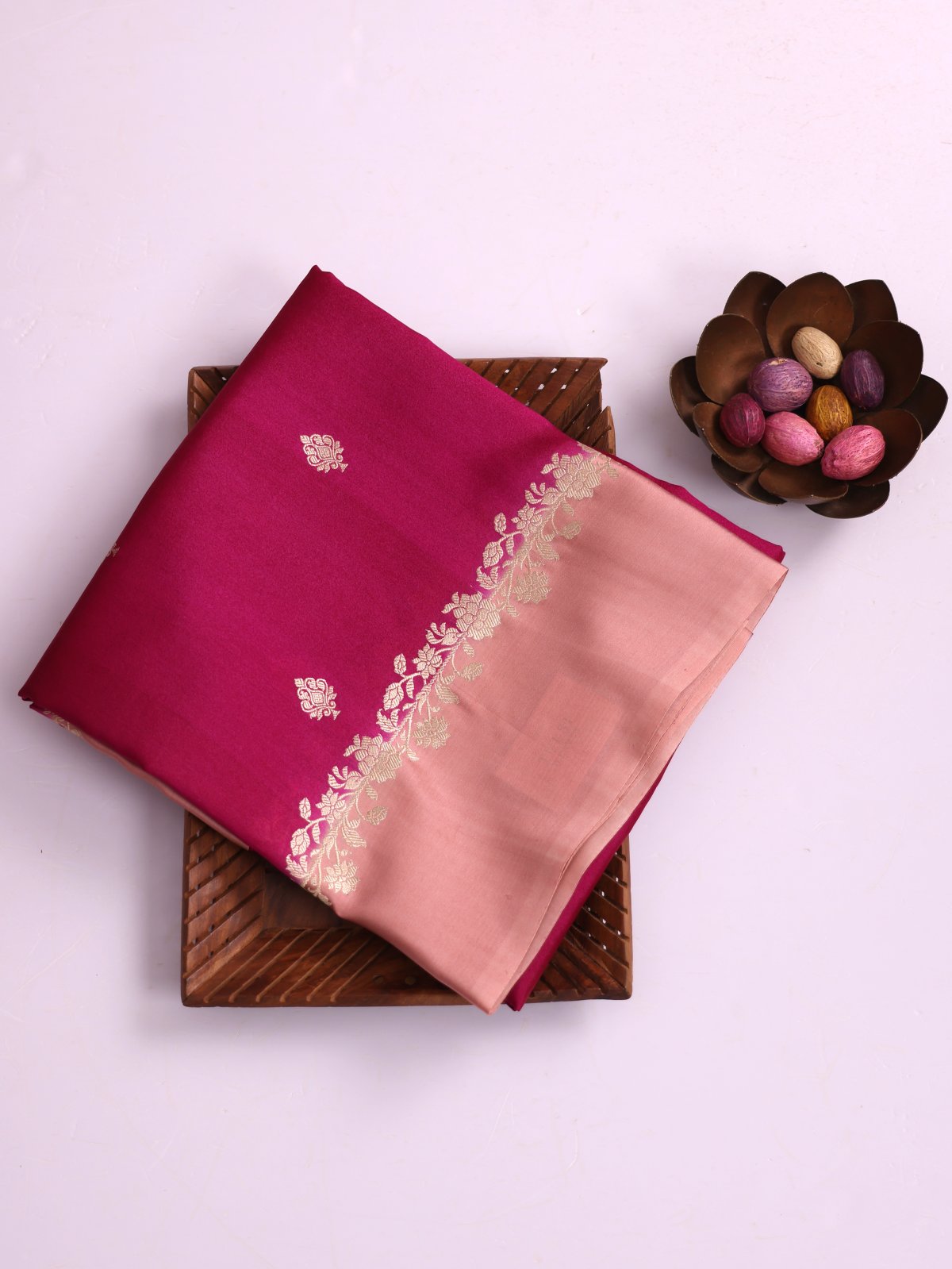 Dark Pink Tussar Organza Saree With Peachy Pink Satin Border