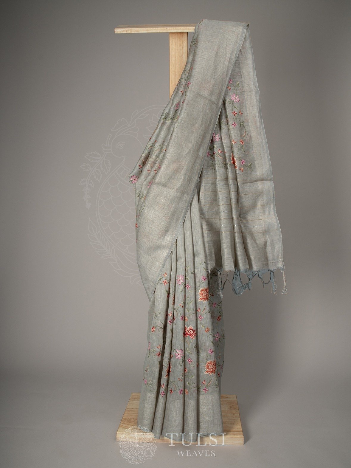 Grey Linen Saree With Embroidery