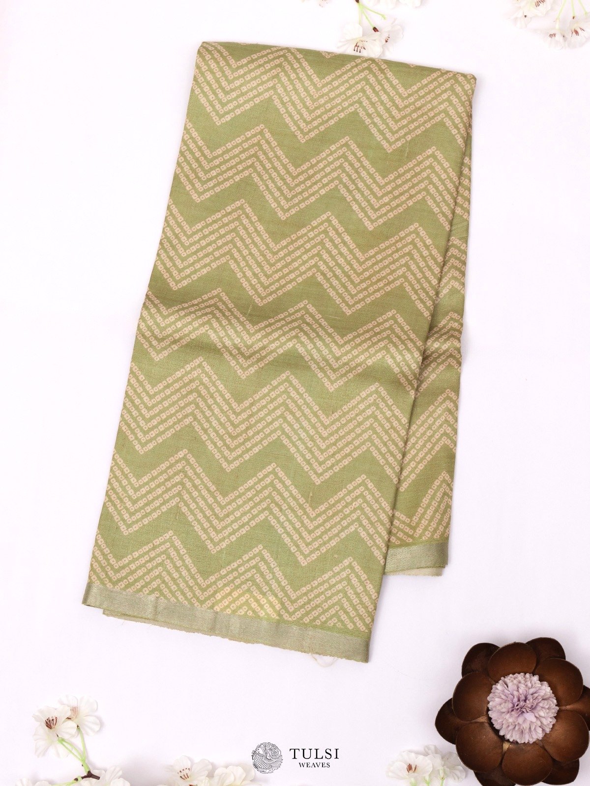 Sage Green Tussar Silk Saree with Bandhini Print