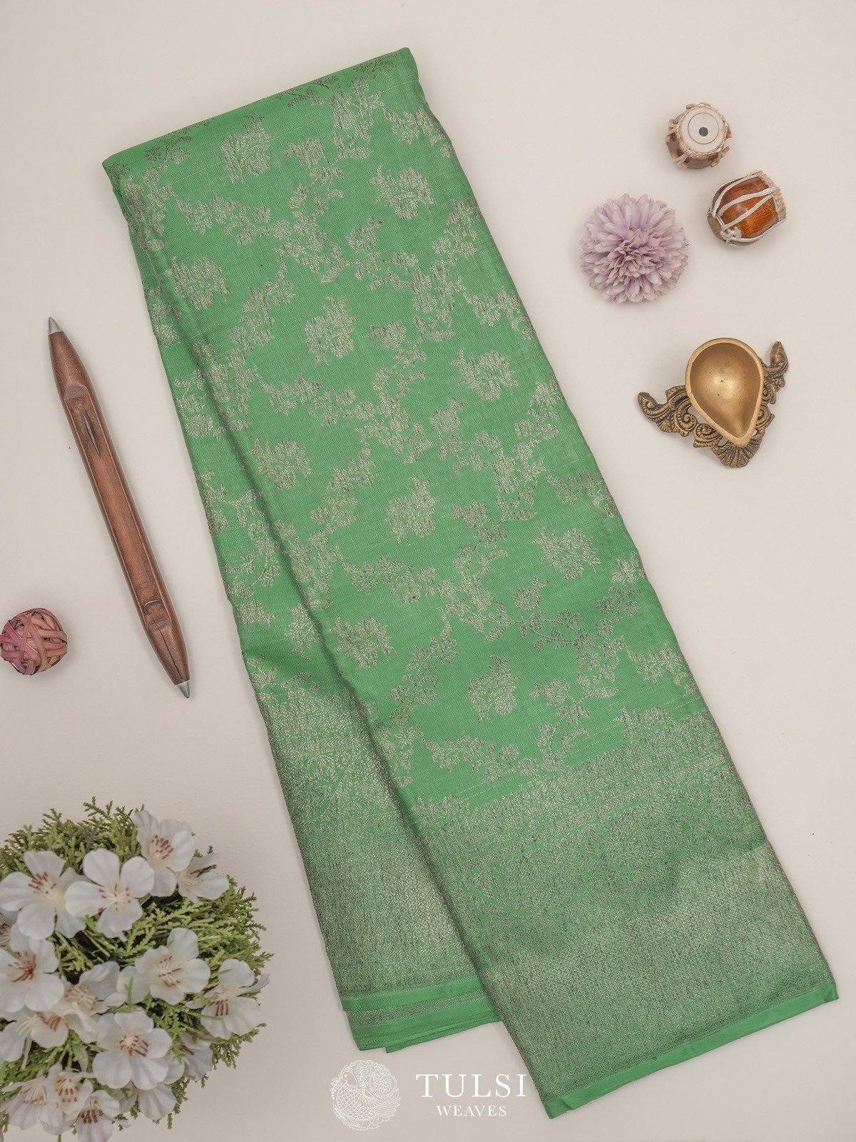 Light Green Kanjeevaram Silk Saree With Antique Zari