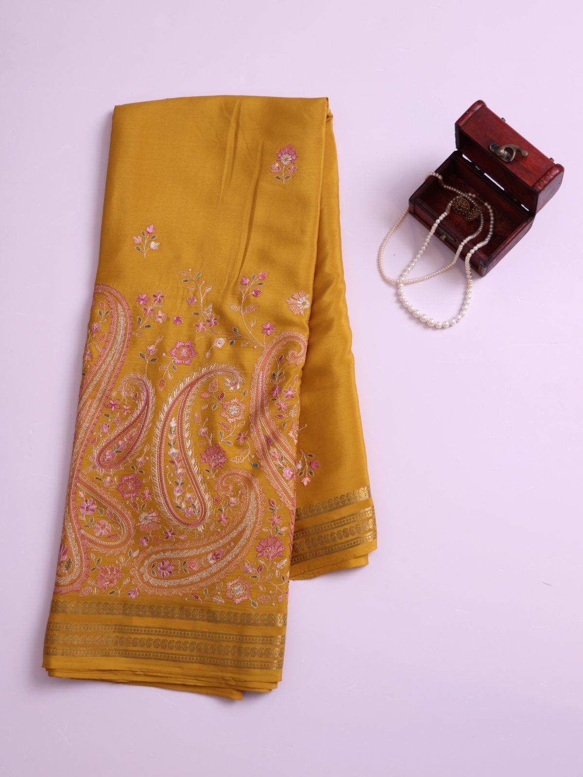 Golden Yellow Embroidered Mysore Crepe Silk Saree