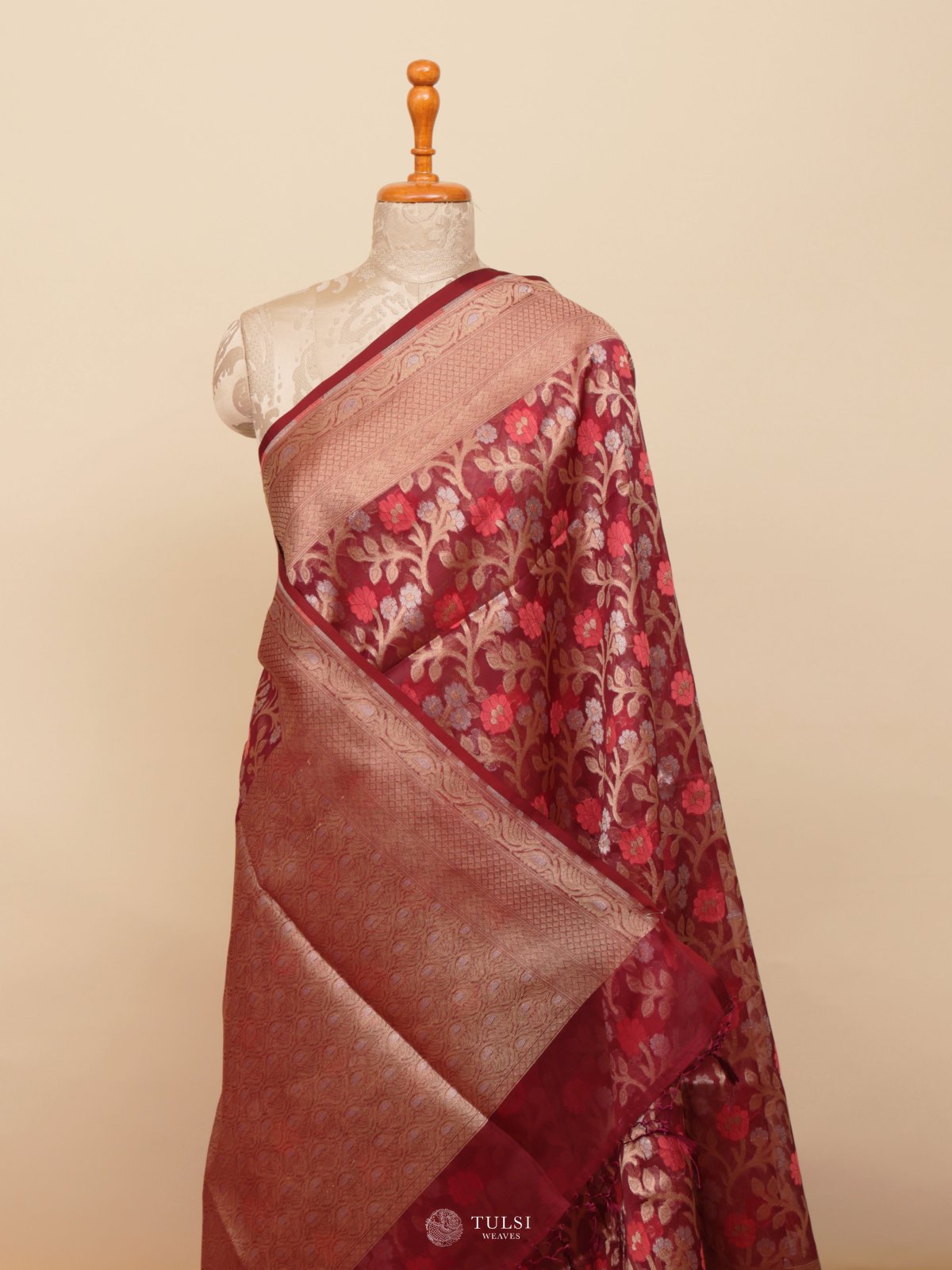 Burgundy Kora Silk Saree