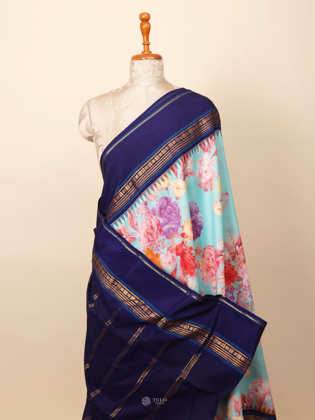 Blue Printed Kanjeevaram Silk Saree