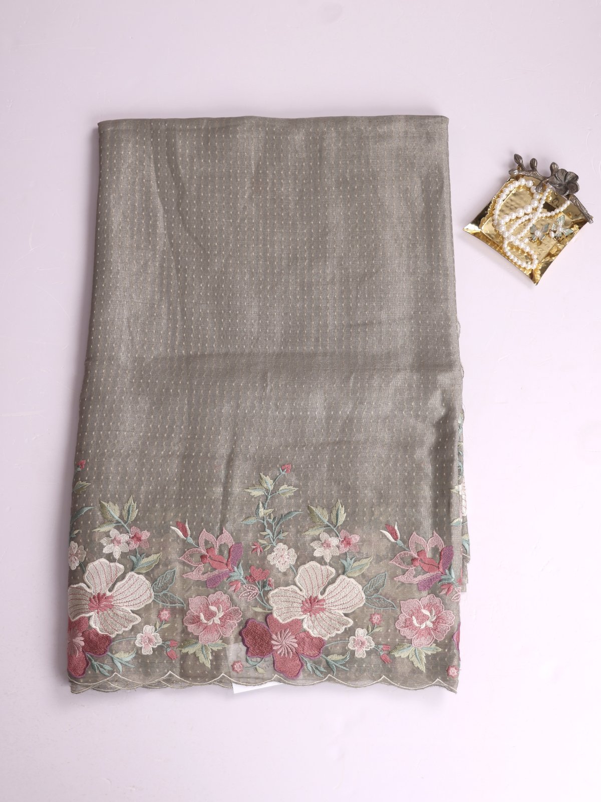 Light Grey Tissue Georgette Silk Saree With Embroidered Border