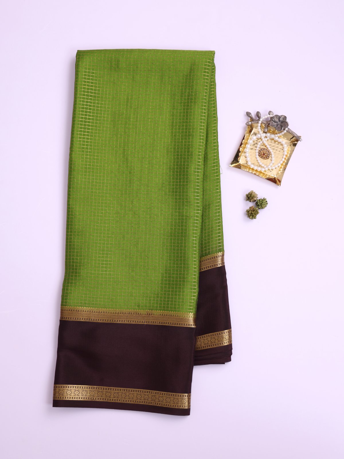 Mehendi Green Checked Mysore Silk Saree with Dark Brown Border
