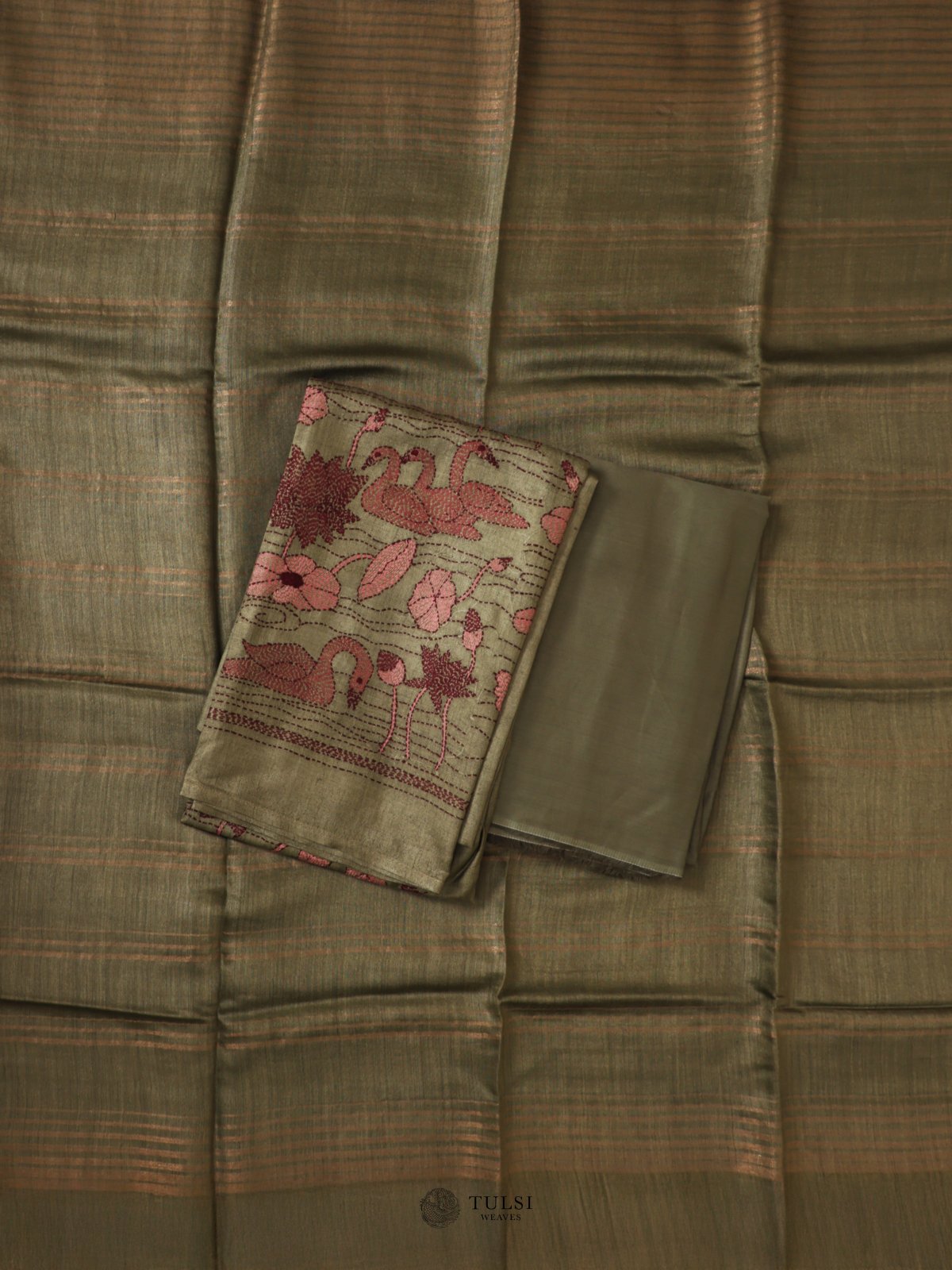 Pastel Dark Green Tussar Salwar Material With Kantha Embroidery