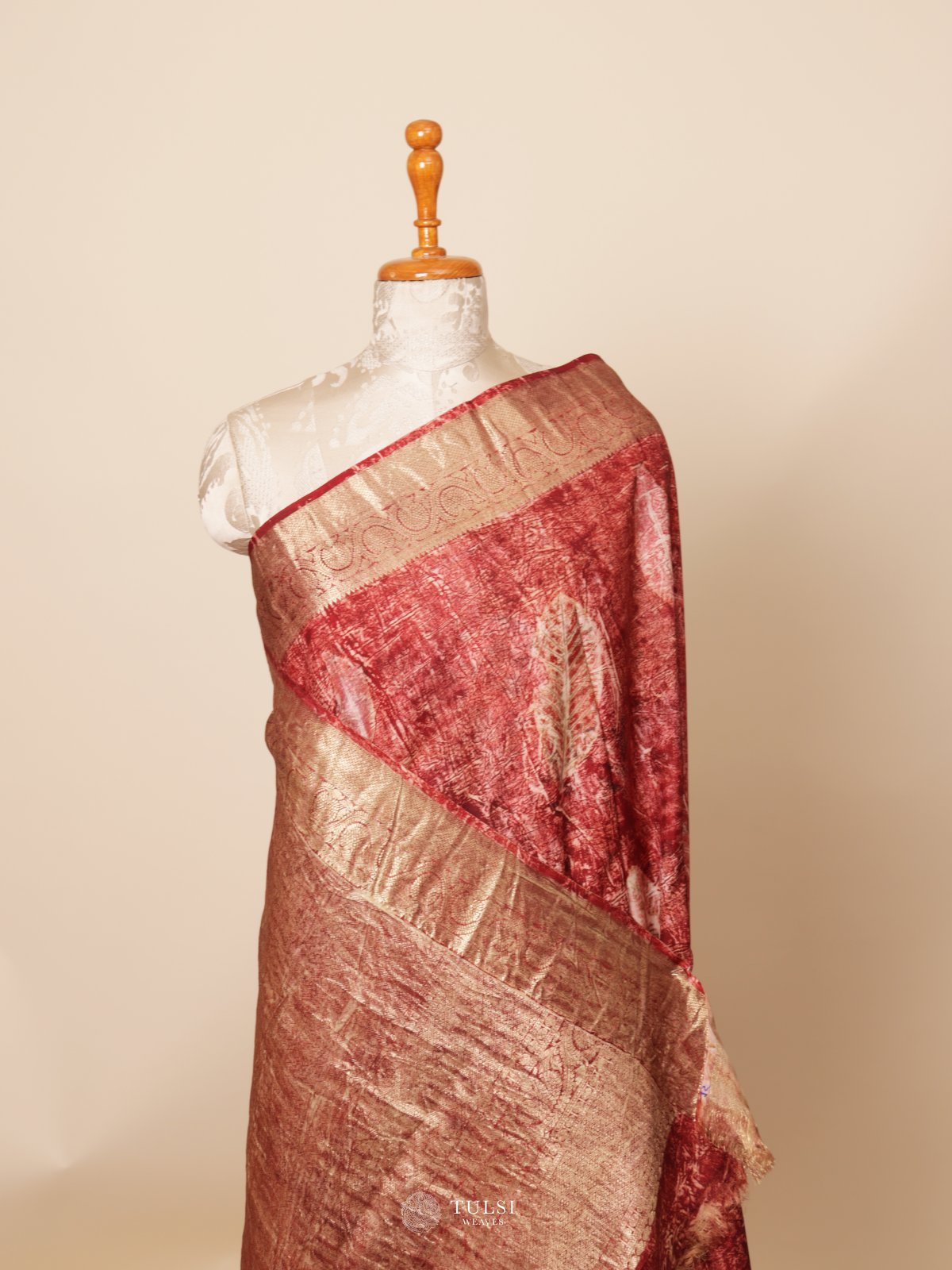Dark Red Eco Print Silk Saree