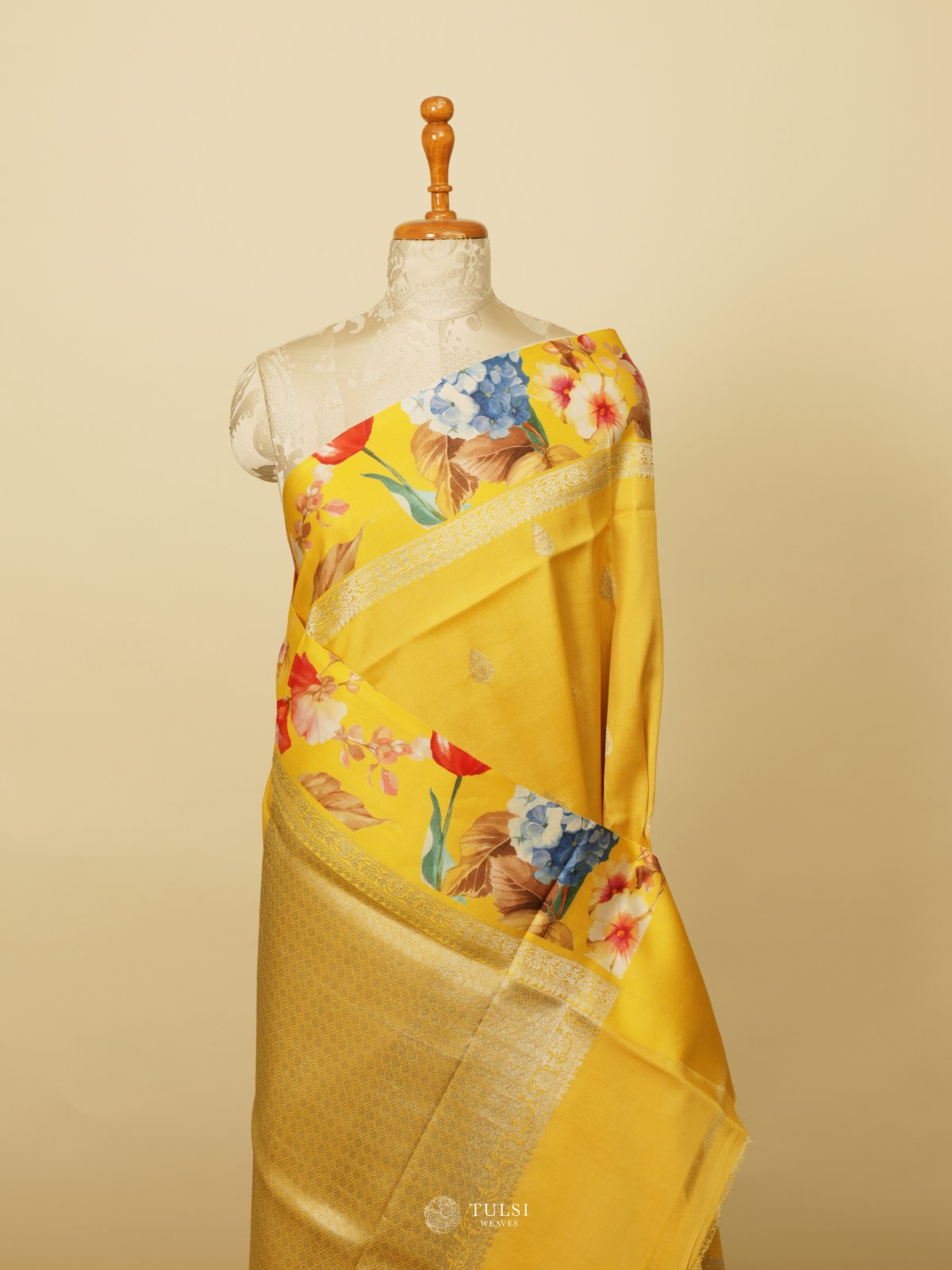 Yellow Banaras Tussar Georgette Silk Saree With Satin Border