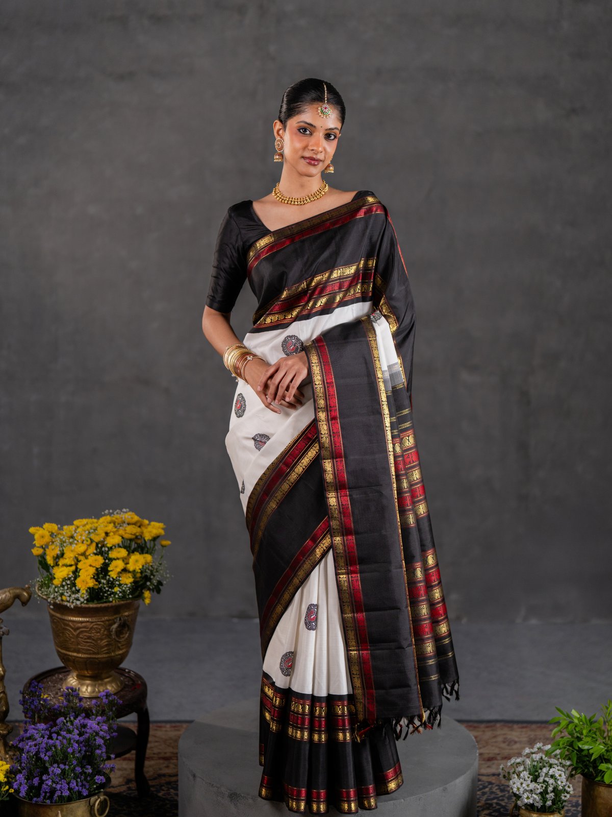 Crafted 34 - White Kanjeevaram Silk Saree With Black Border