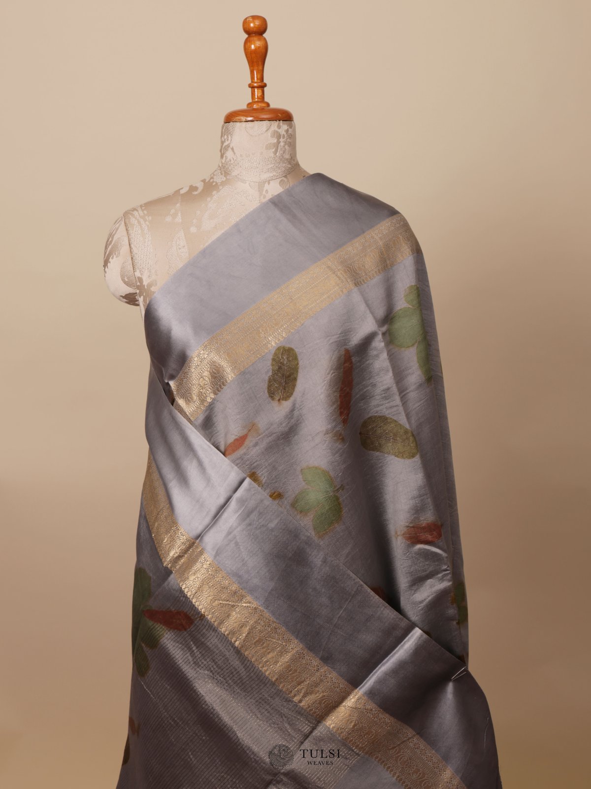 Grey Eco Print Silk Saree With Satin Border