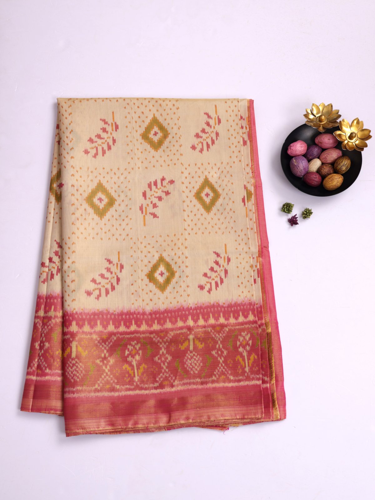 Pastel Yellow Patola Silk Saree With Pink Zari Border